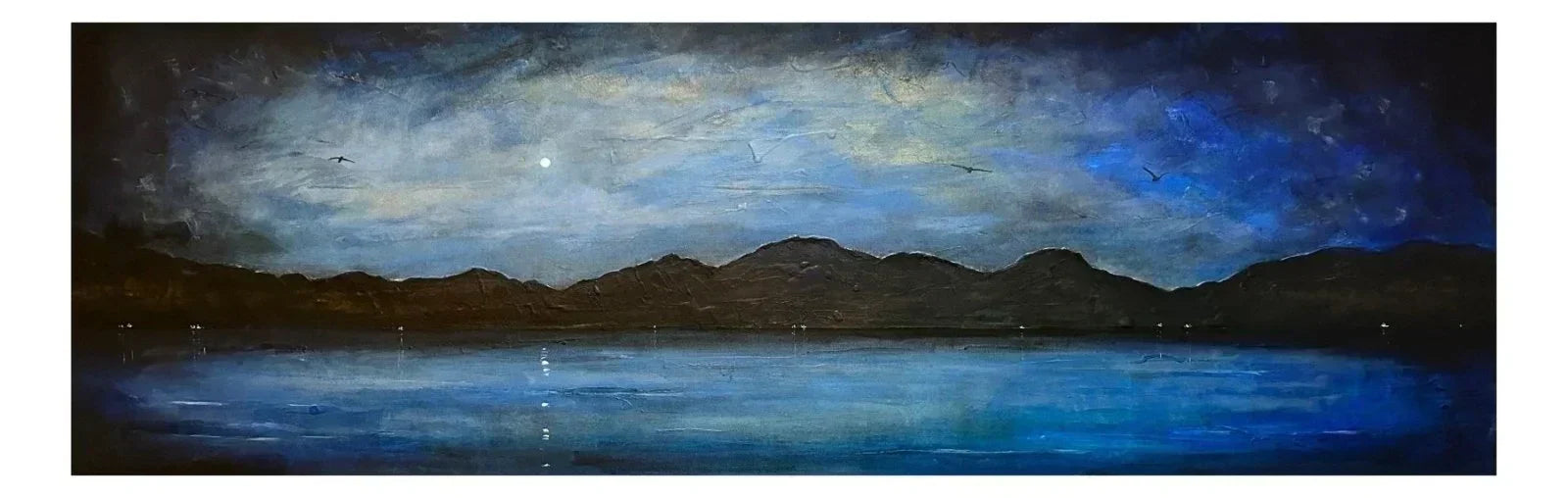 Clyde Night Closure original panoramic painting of blue starry sky and mountains