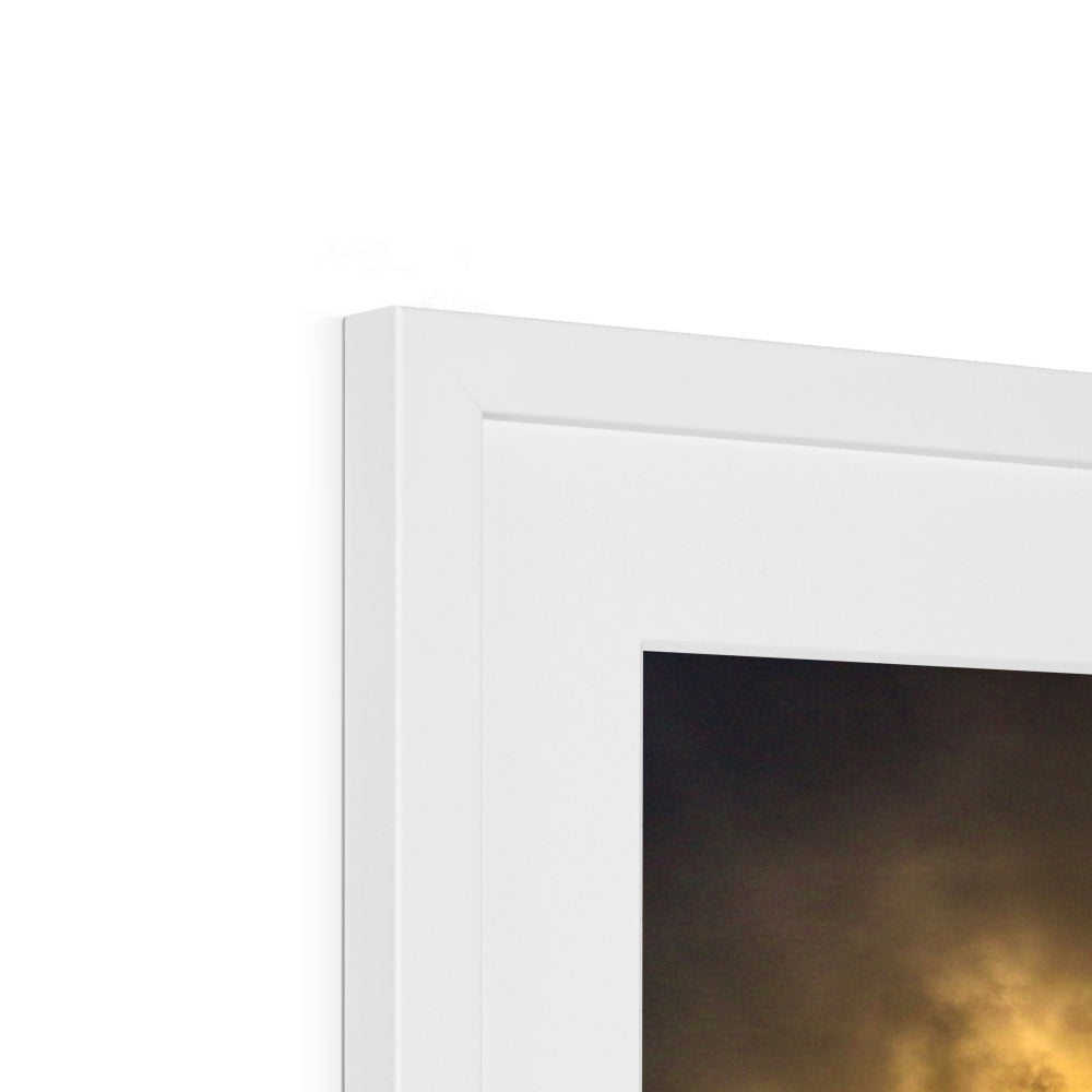 Modern white electric fireplace with built-in mantel and Clyde Seagull sunset art