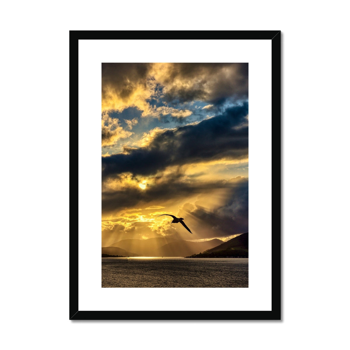 Black-framed Clyde Seagull Sunset poster with flying seagull