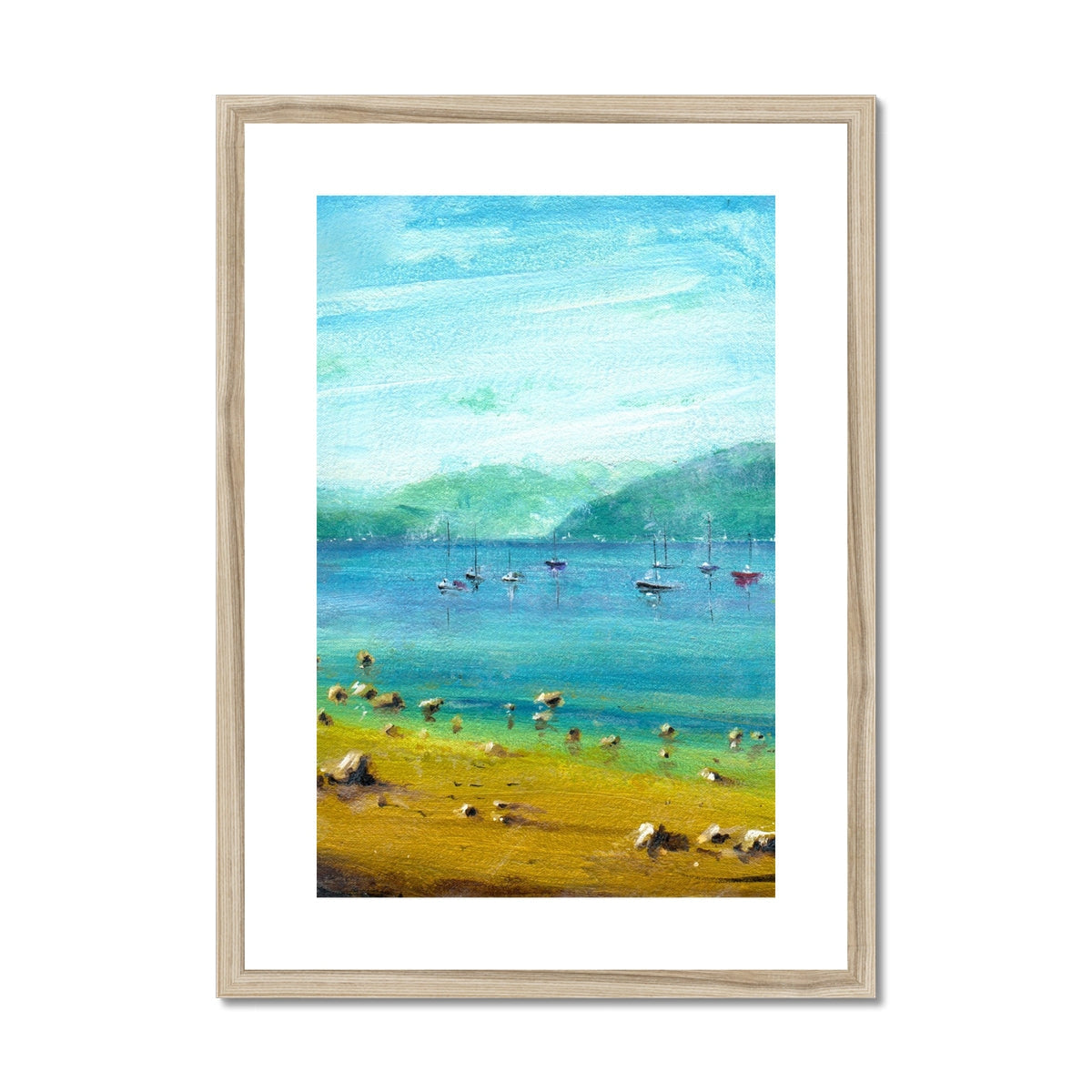 A Clyde Summer Day beach art print in wooden frame with white mat