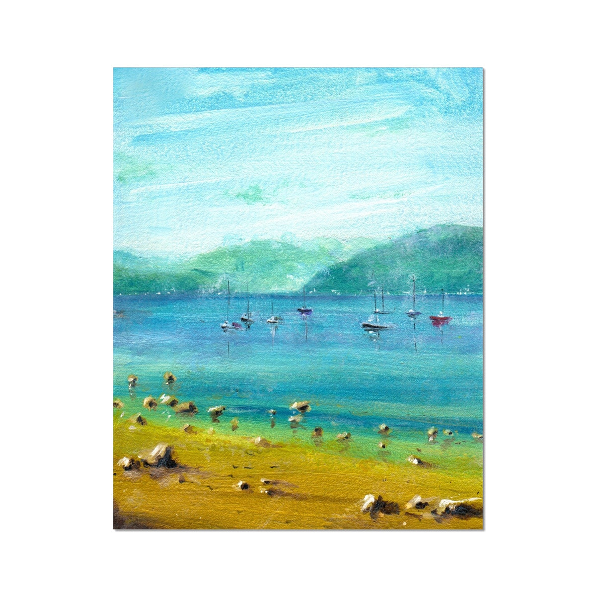 Vibrant beach scene canvas print with boats, seagulls, and A Clyde Summer Day artist proof