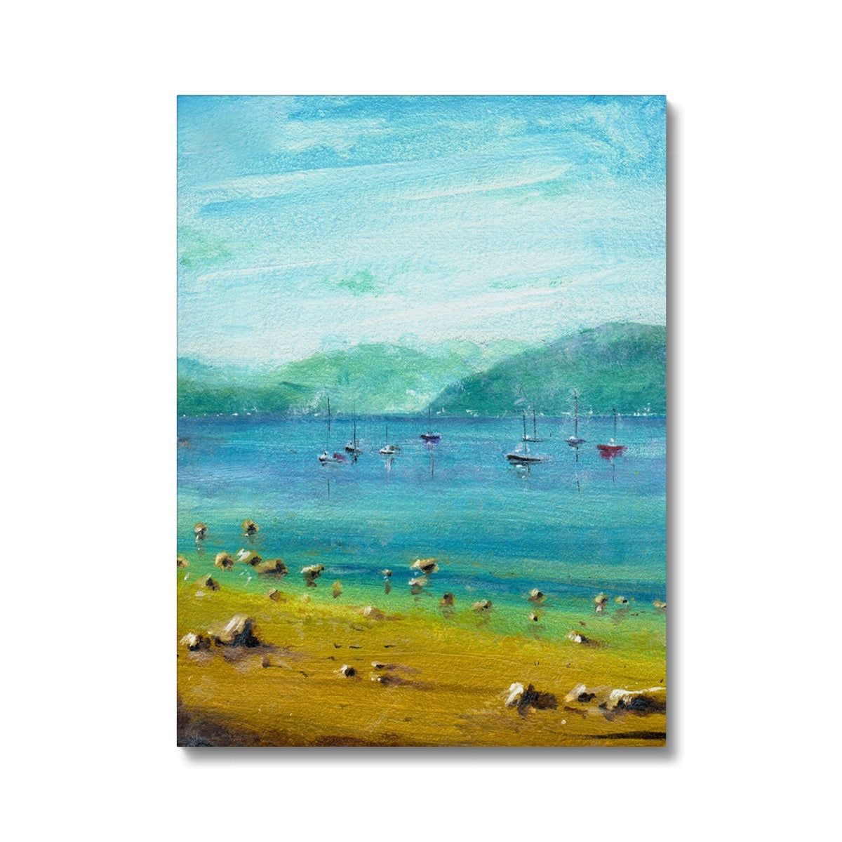 A Clyde Summer Day canvas print of yellow sand, blue water, green mountains