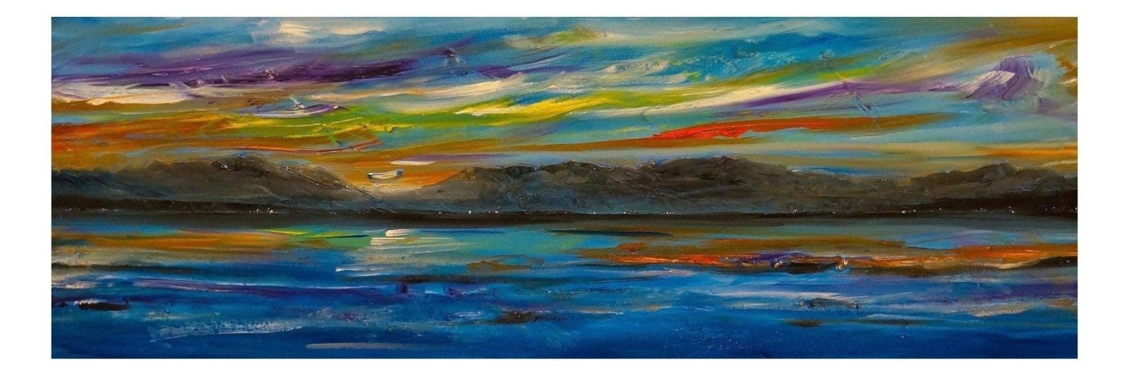 Vibrant abstract landscape oil painting of a sunset over mountains and a lake in Clyde Summer Dusk Panoramic Prints