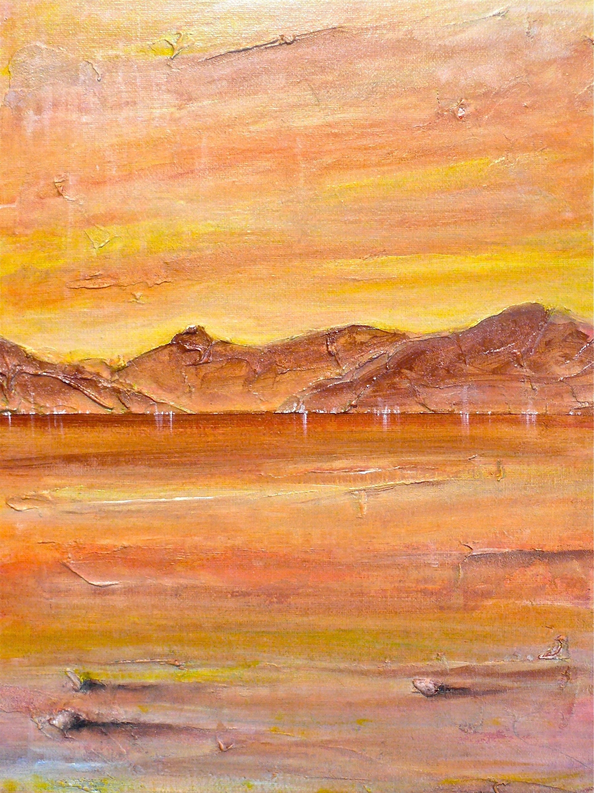 Expressive impasto Sunset over Mountains and Water in warm orange, yellow, and brown tones