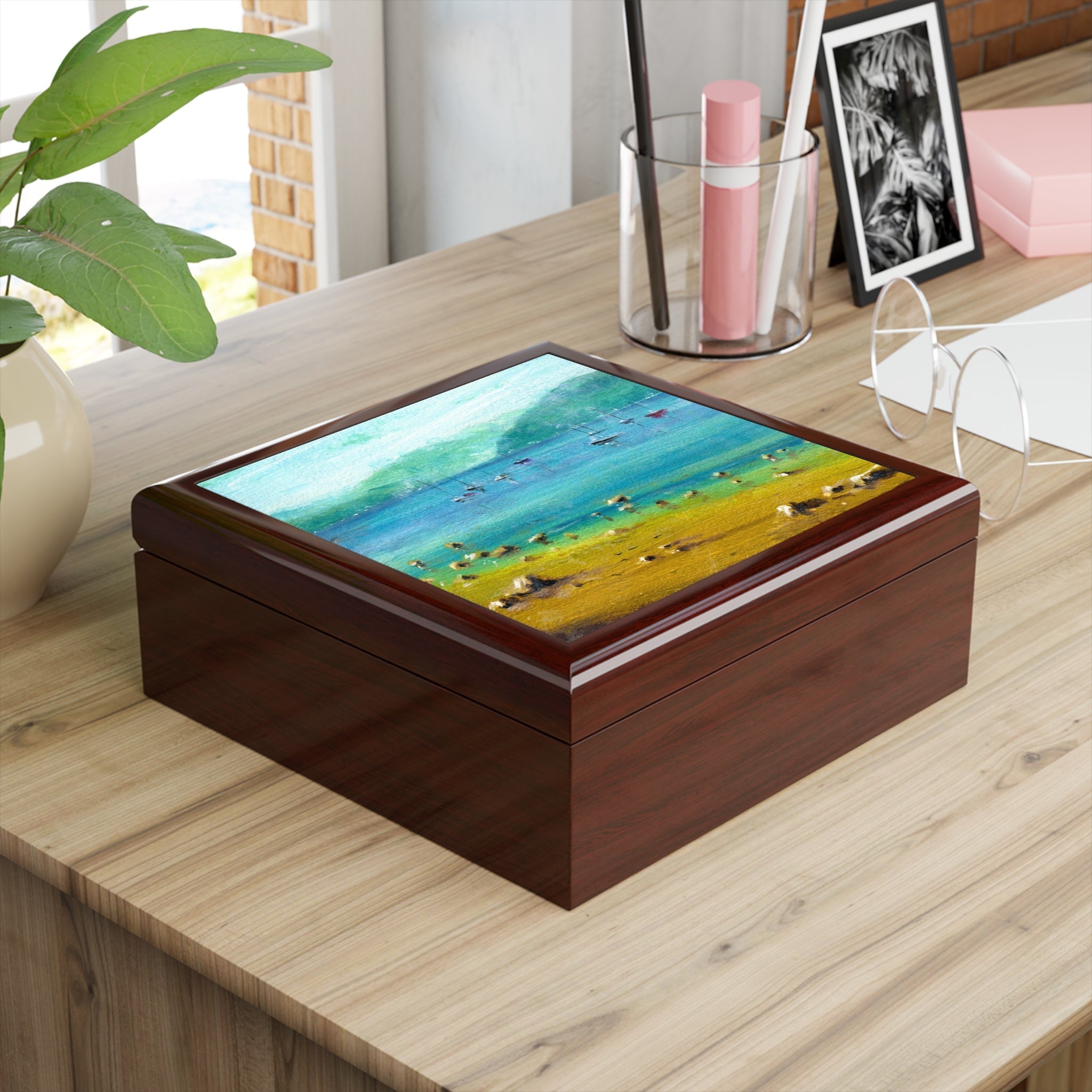 Wooden keepsake box with vibrant landscape painting on lid for Clyde Summers Day Art Jewellery Box Scotland
