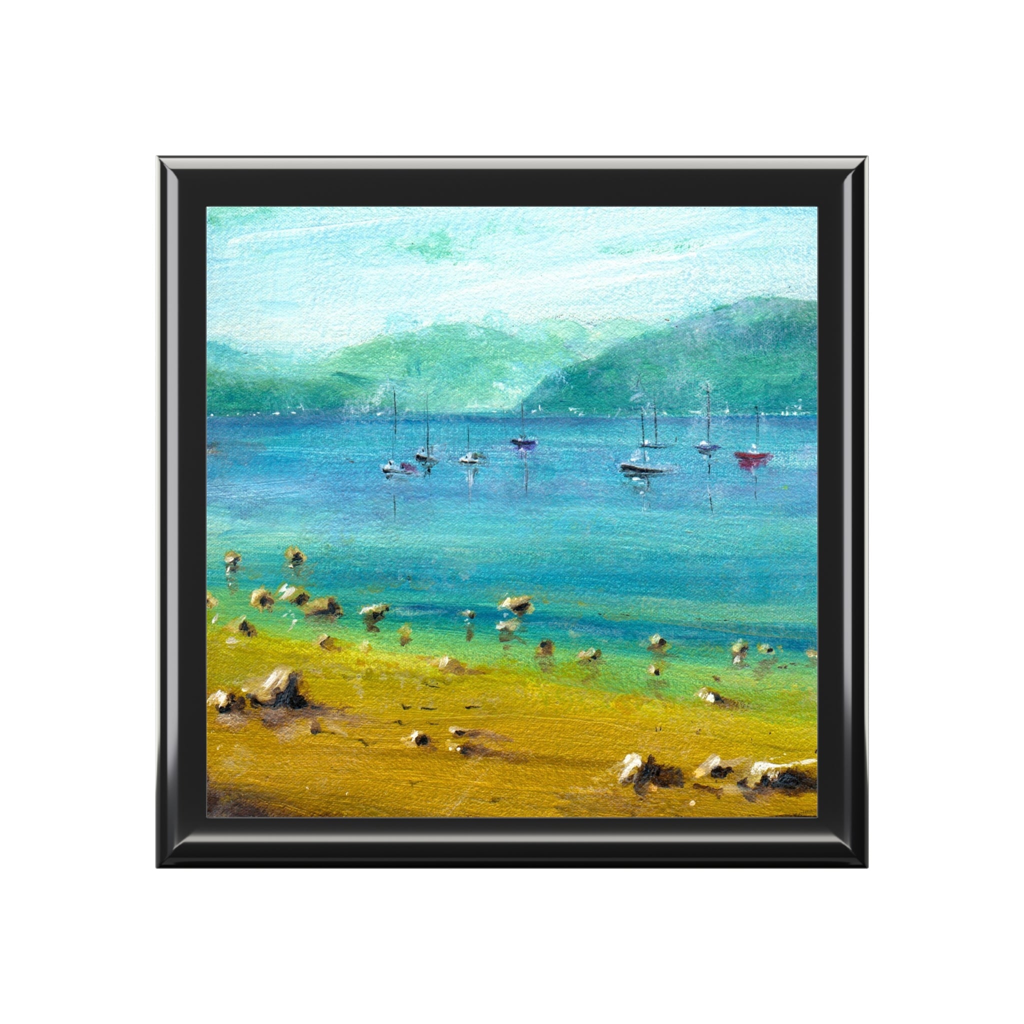 Framed landscape painting of a bay with boats and rocky shore in Clyde Summers Day jewellery box