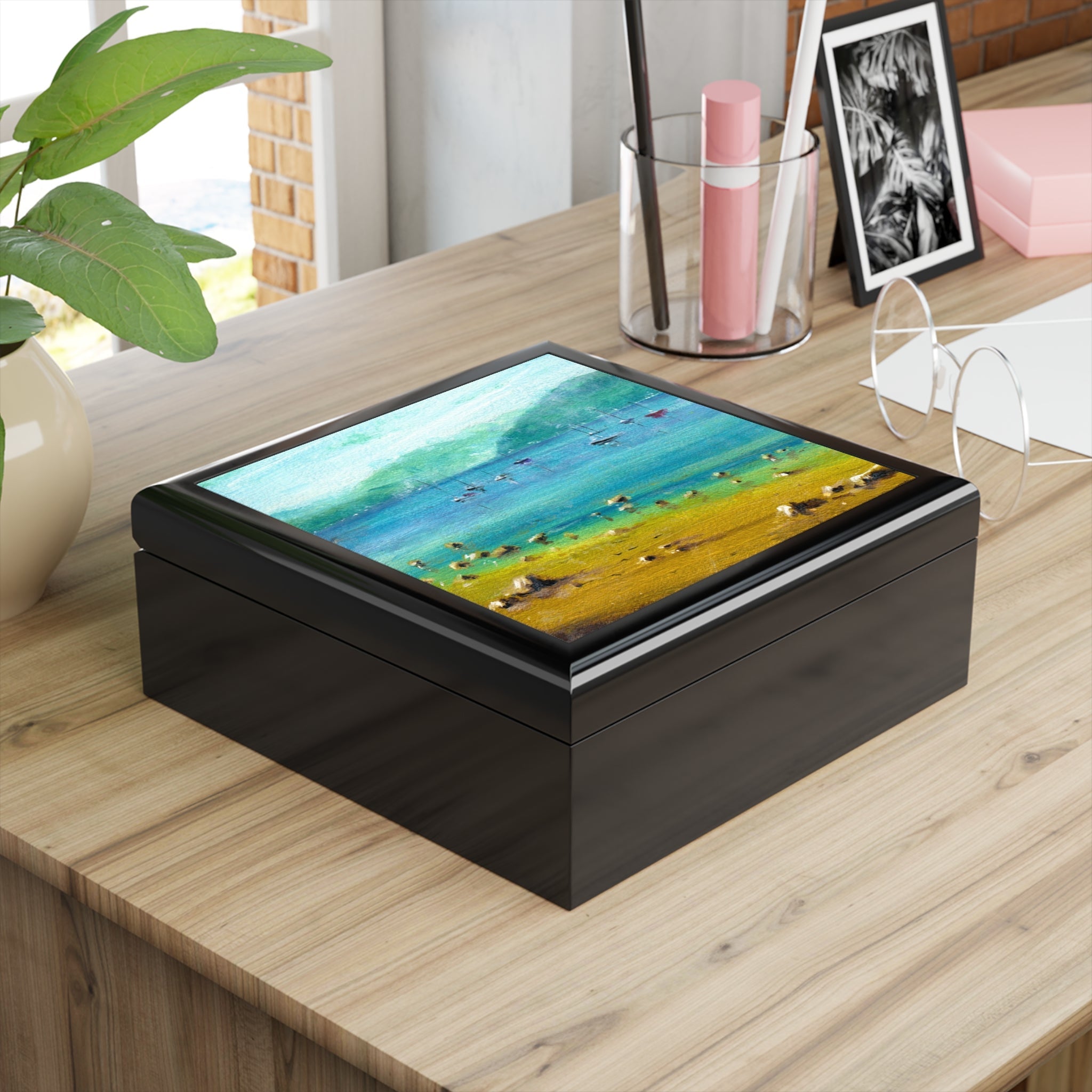 Black wooden keepsake box with vibrant abstract landscape painting lid for Clyde Summers Day Art Jewellery Box Scotland