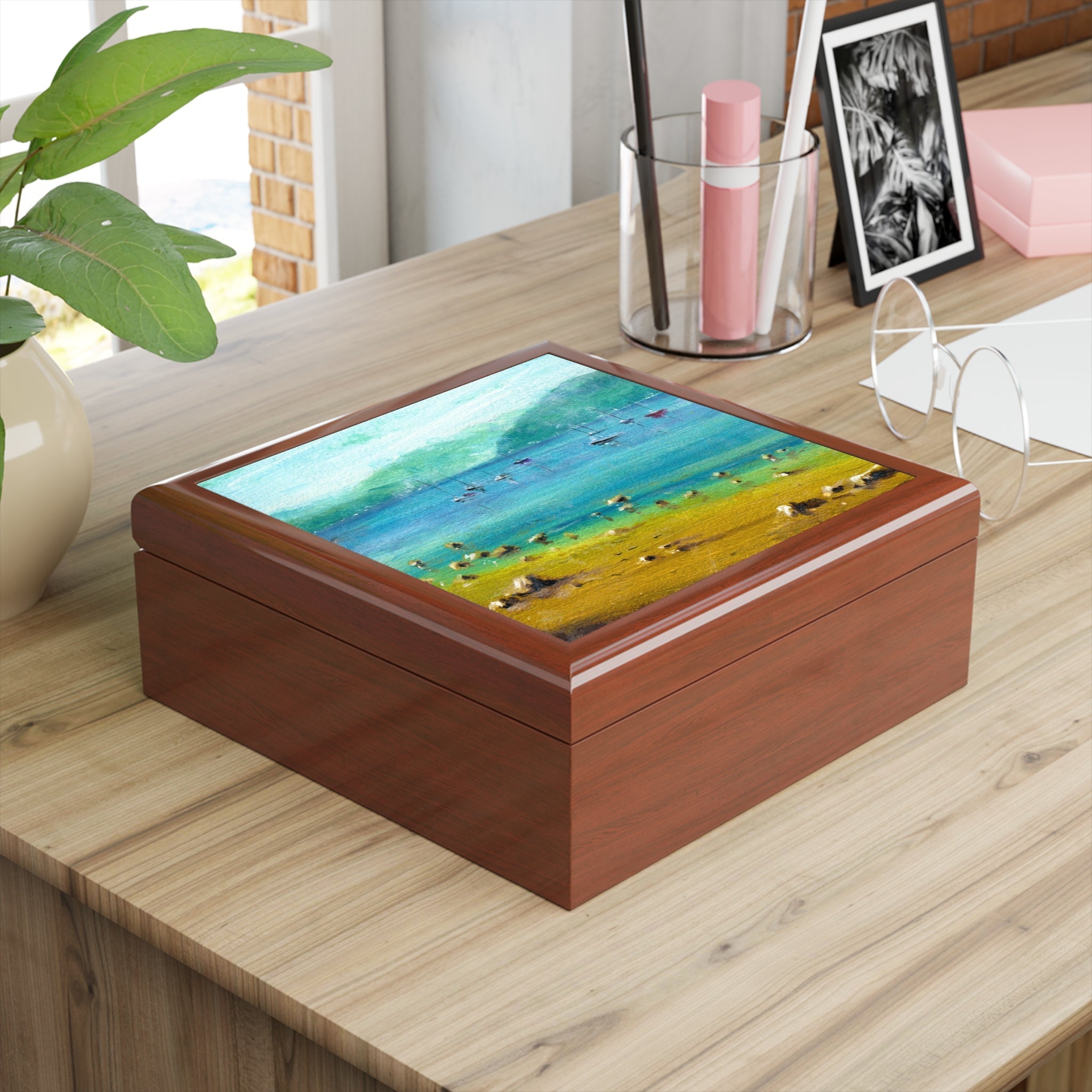 Wooden keepsake box with vibrant Scottish landscape art on lid for Clyde Summers Day