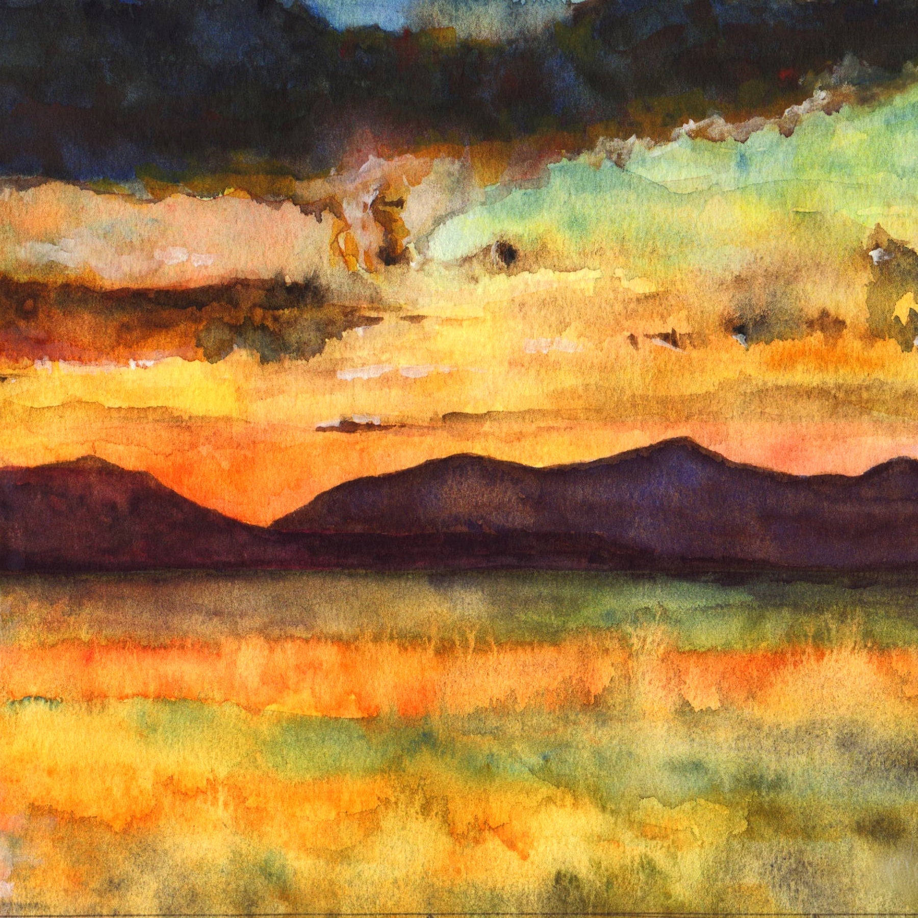 Vibrant watercolor Sunset over Mountains and Water in Clyde Sunrise Scotland In Your Pocket