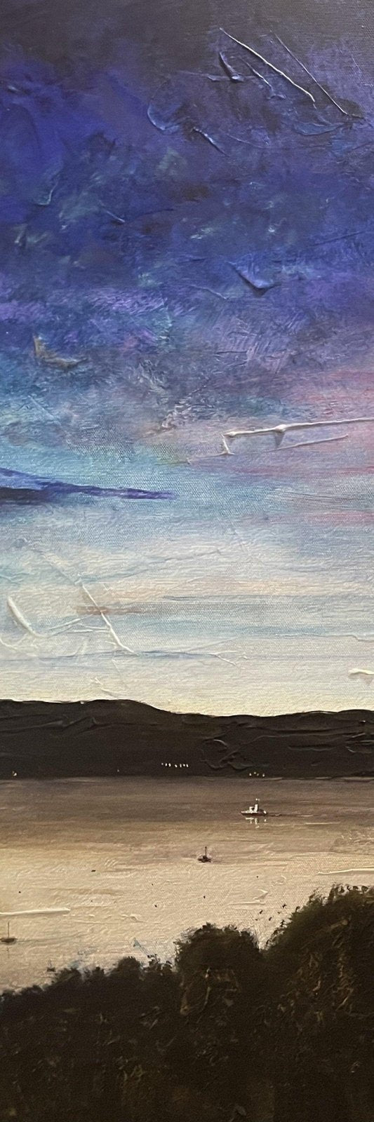 Textured oil painting of a twilight landscape with lake and mountains for Clyde Twilight Triptych