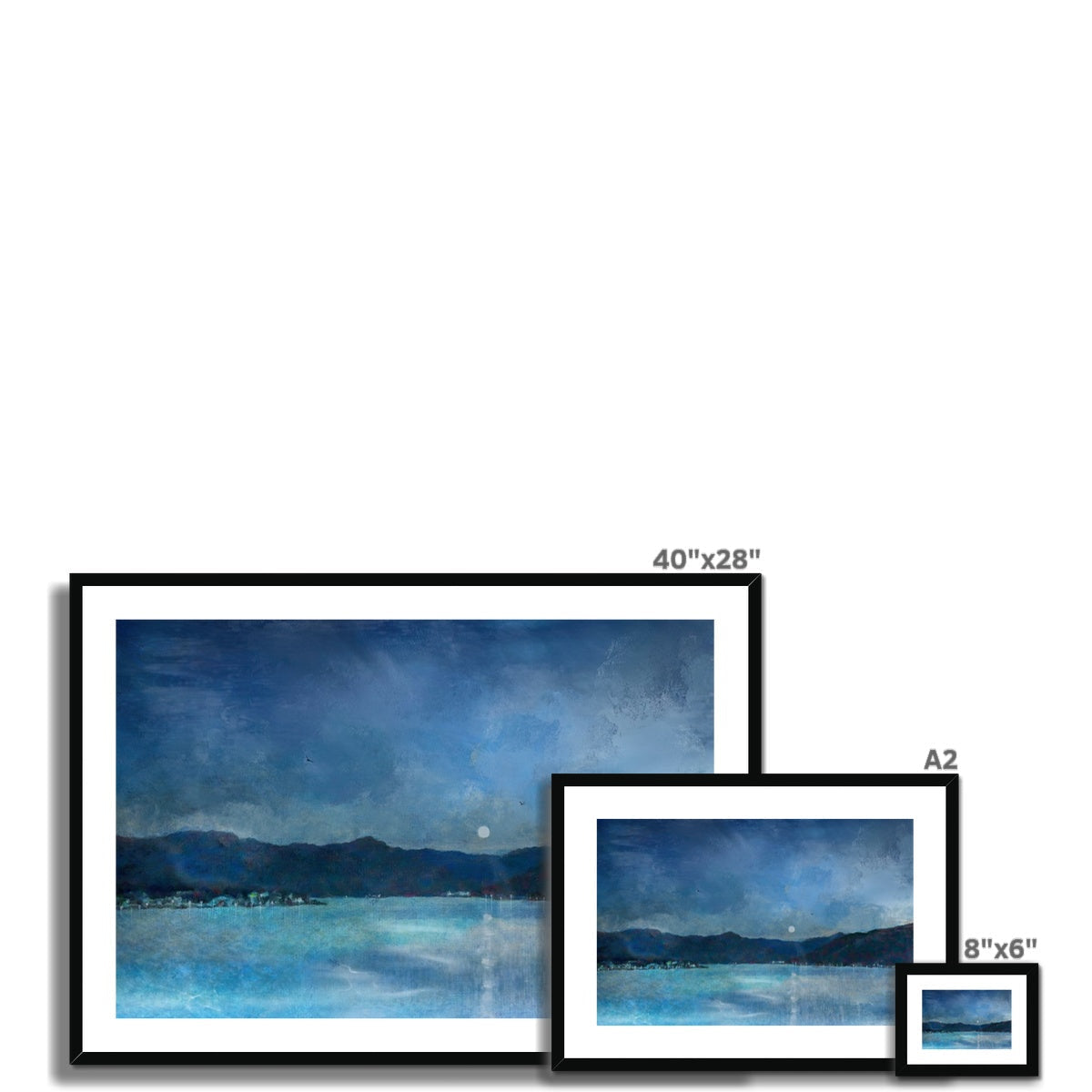 40x28 inch framed Clyde Winter Morning Moon abstract blue seascape print