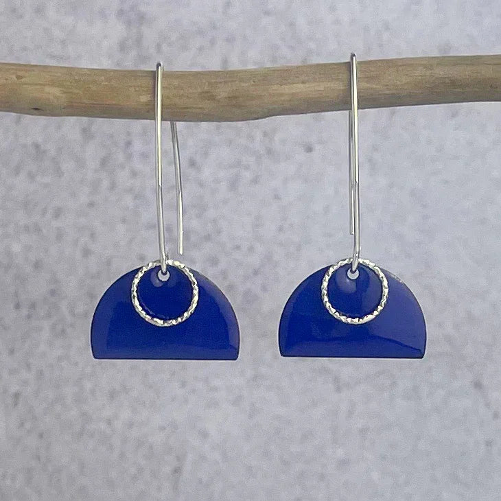 Cobalt blue tulip semi-circular earrings with silver wire hooks by Lindsay McDowall Jewellery