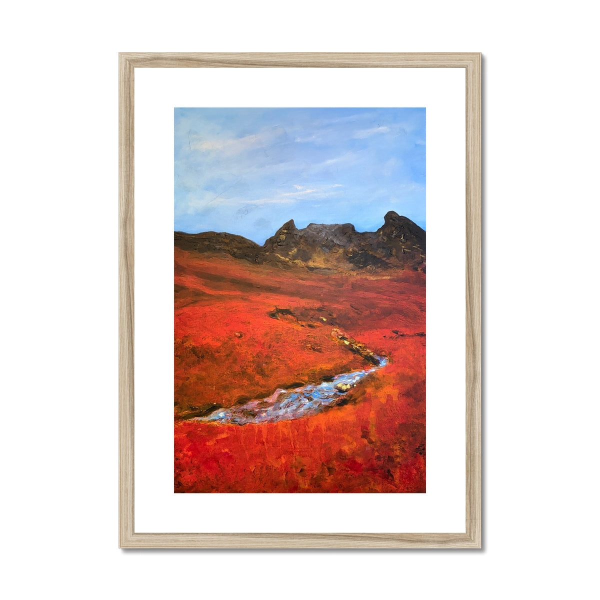 Red mountain and river landscape art print in light wood frame by The Cobbler Arrochar