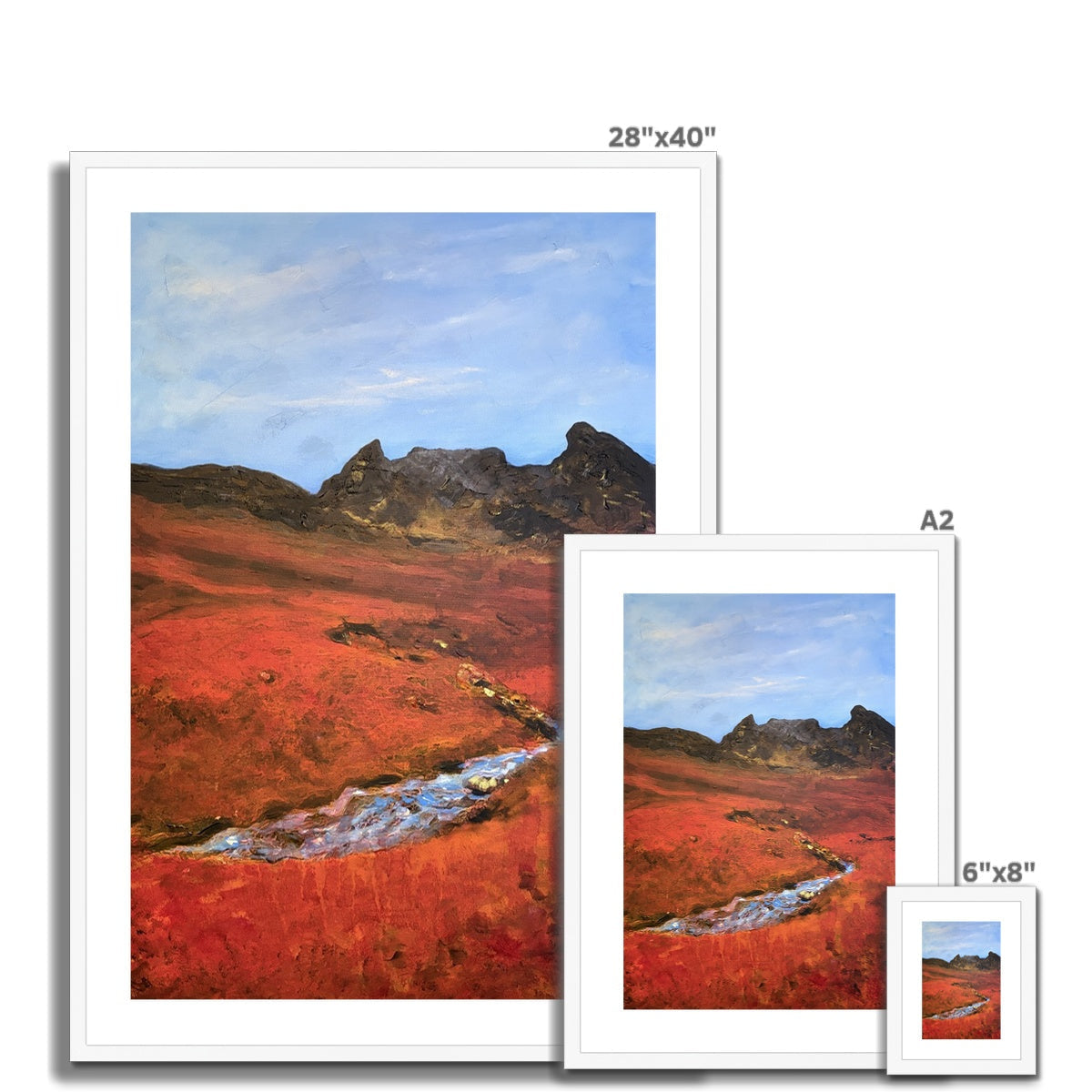 The Cobbler Arrochar 28x40 landscape art print with red hills and blue sky in white frame