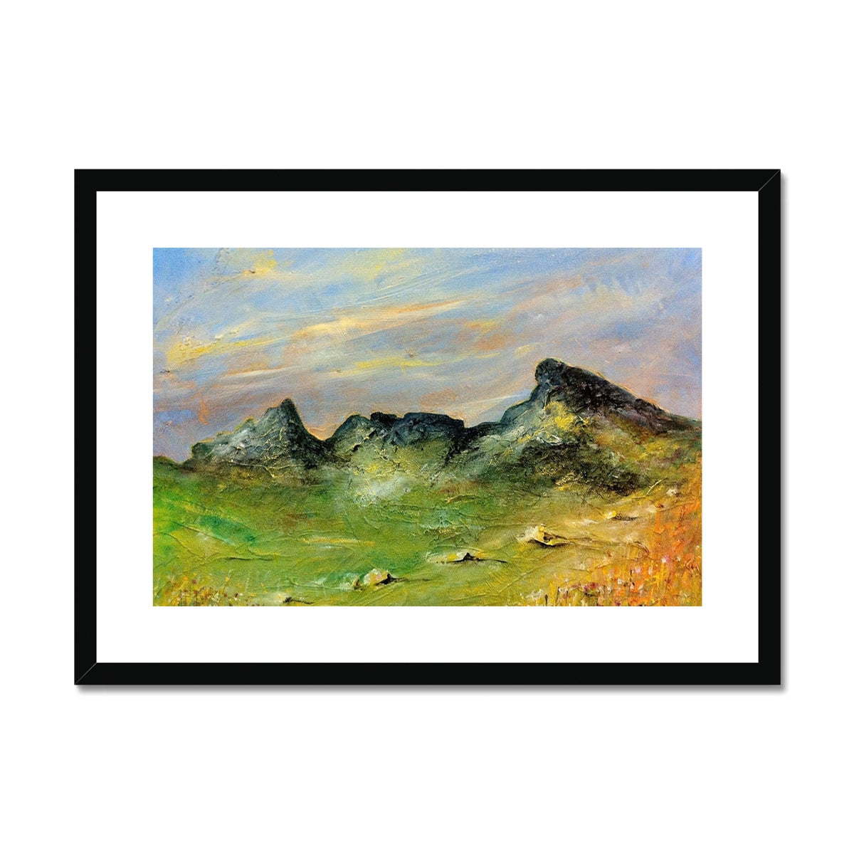 Black framed landscape painting of mountains in green blue hues by The Cobbler Art Prints