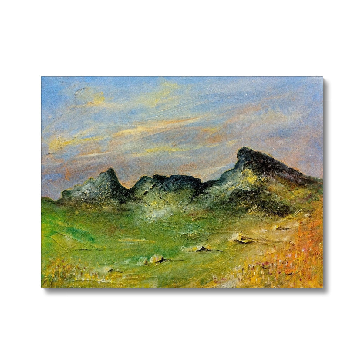 Vibrant green and yellow landscape painting on canvas with mountains, The Cobbler Canvas Prints