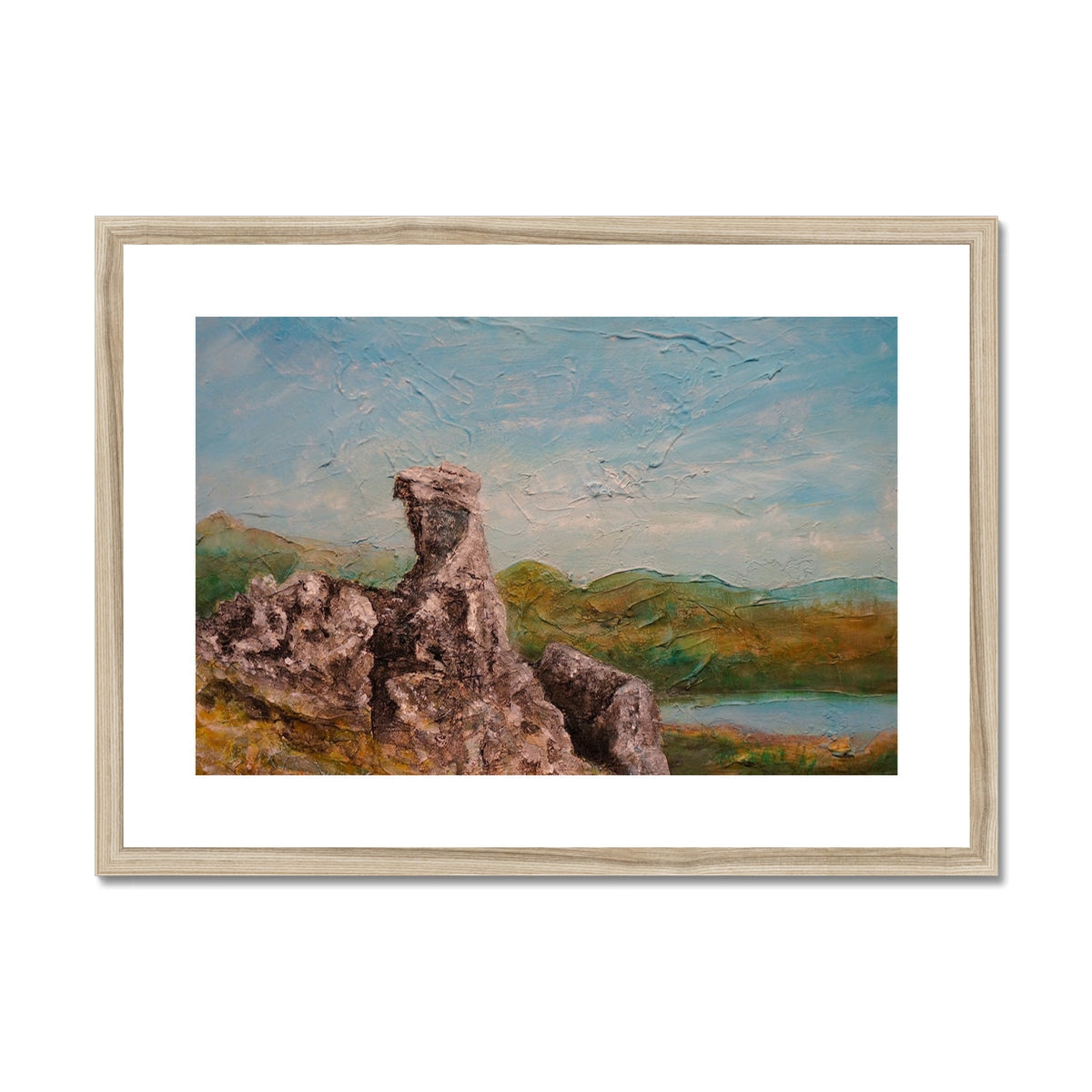 The Cobbler II wooden framed landscape print with rock formation and birds