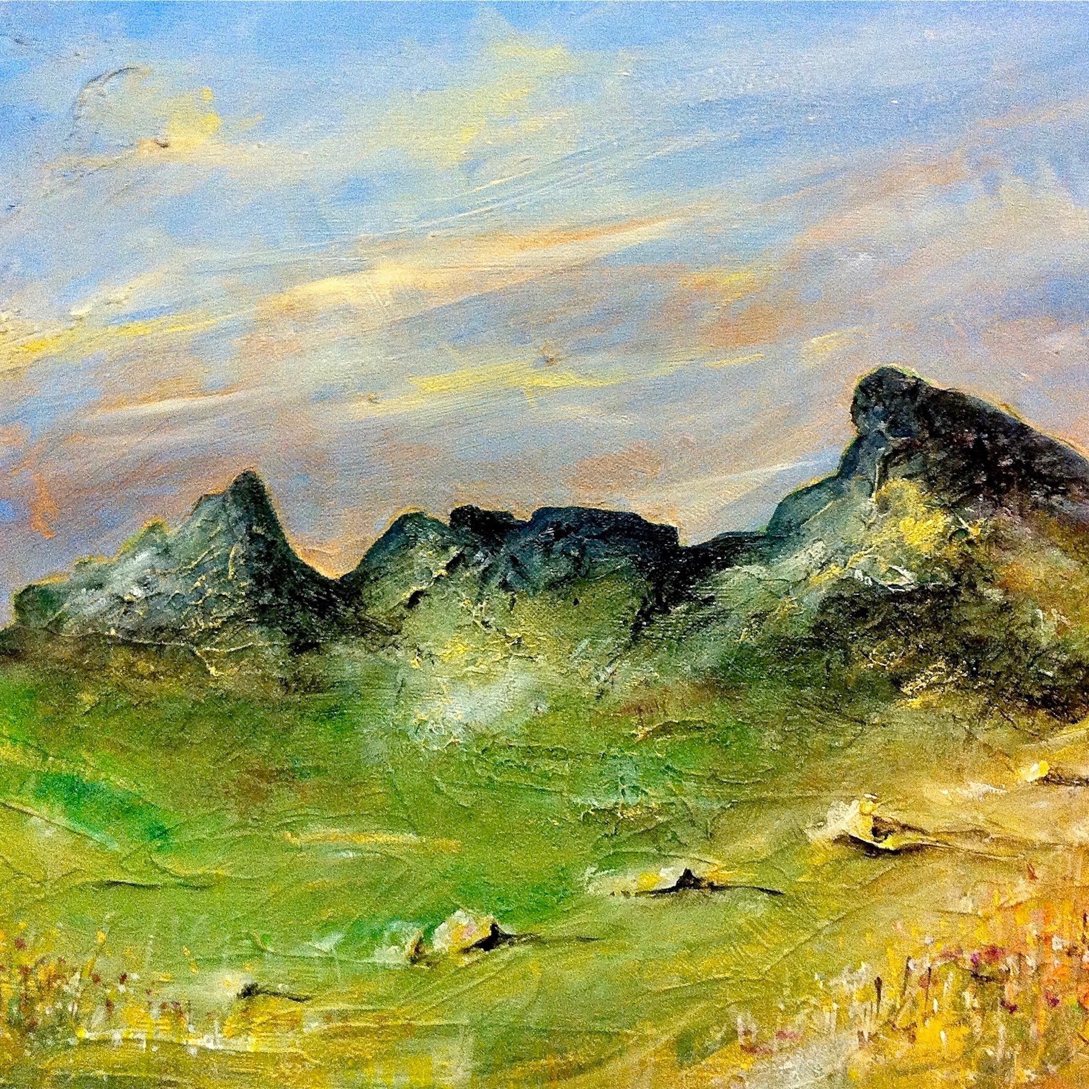 Textured landscape painting of green hills and dark mountains under a colorful sky for The Cobbler Scotland In Your Pocket