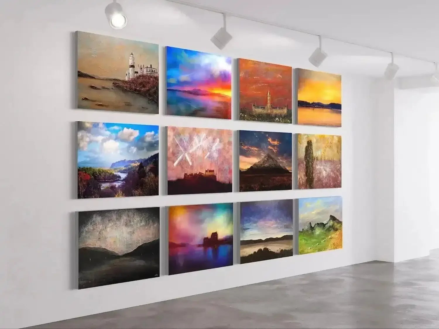 12 bespoke Scottish landscape paintings in frames, vibrant scenes