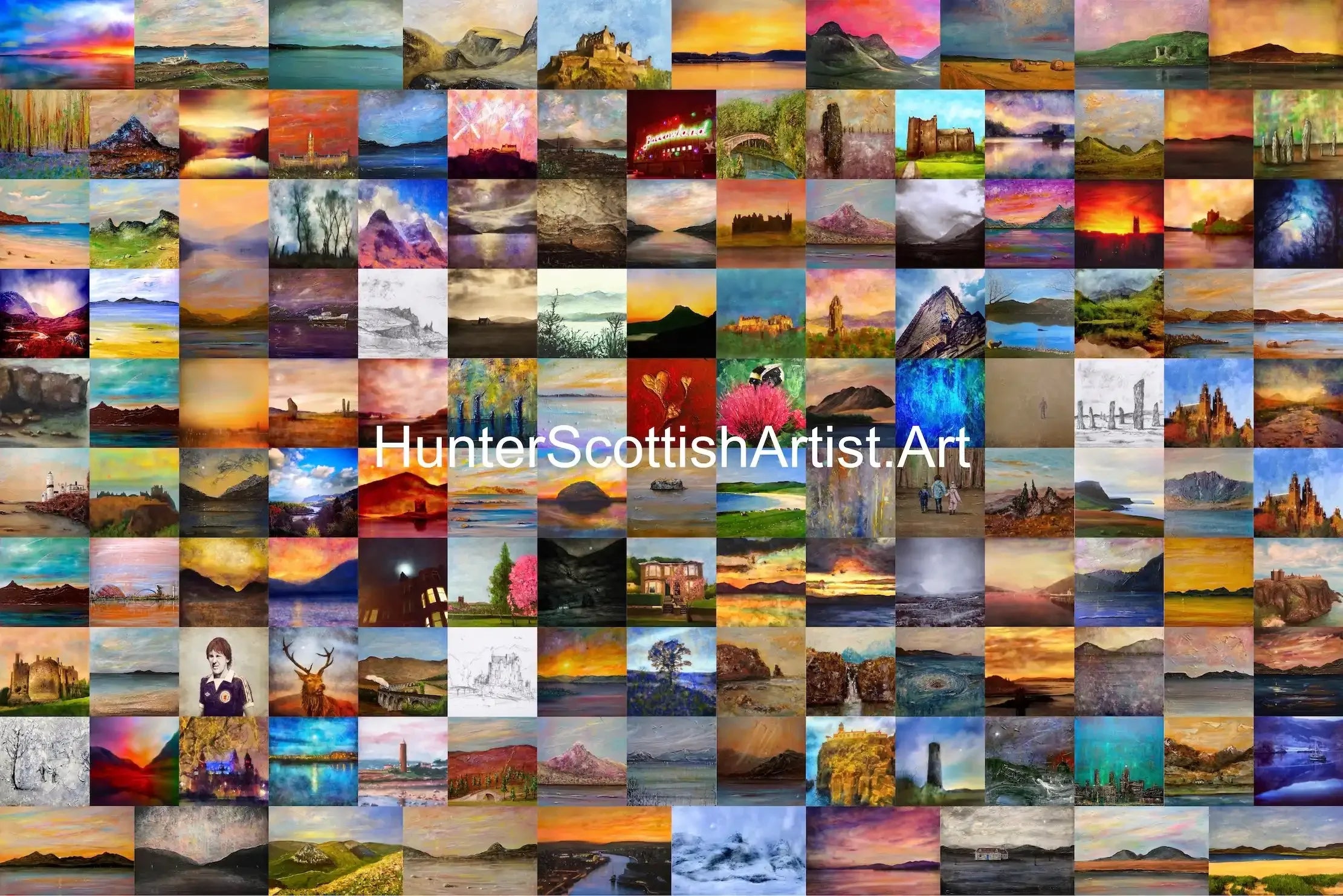 Vibrant collage of bespoke Scottish landscape paintings with sunsets and castles