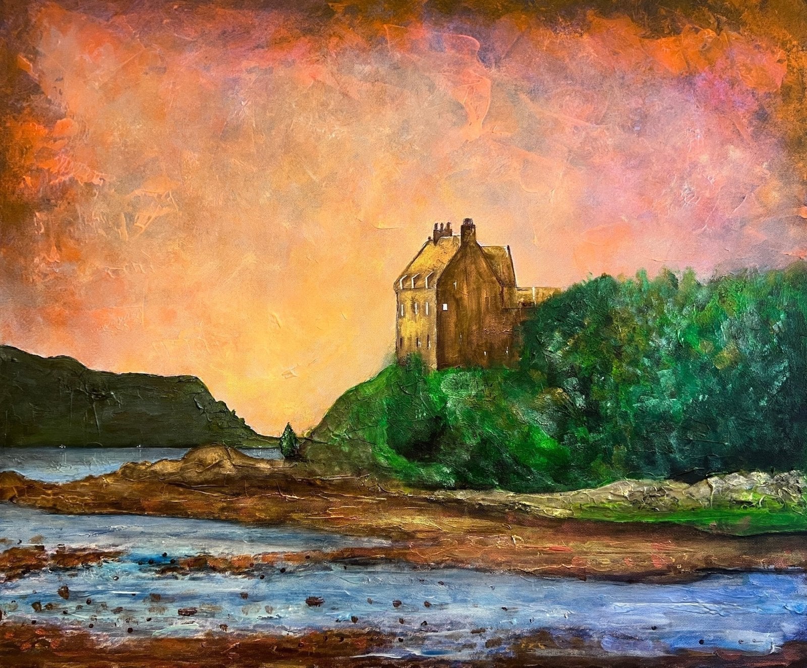 Castle on a hill overlooking water in a Scottish landscape painting