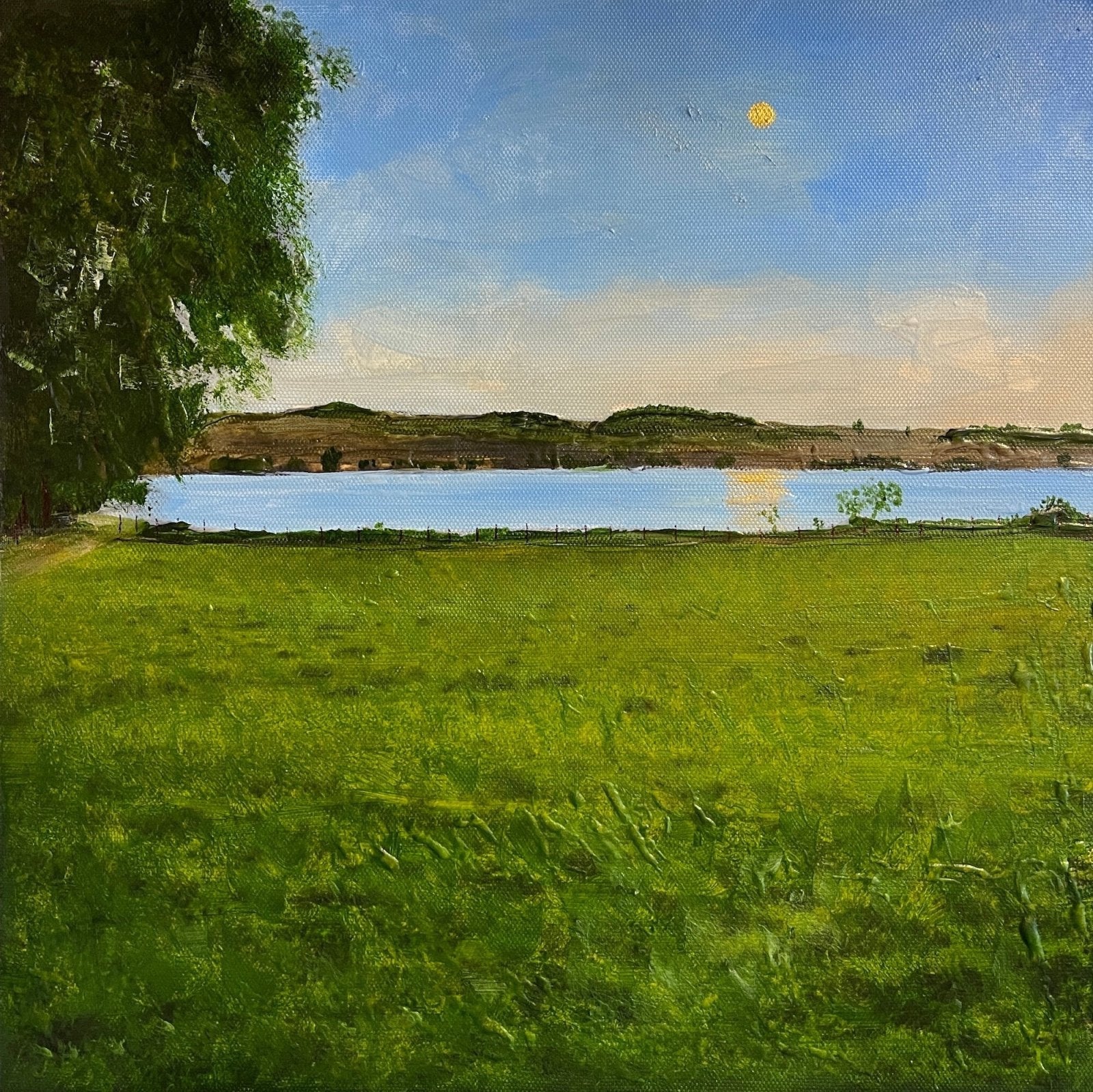 Vibrant oil painting of a lush Scottish landscape with a peaceful lake under clear sky
