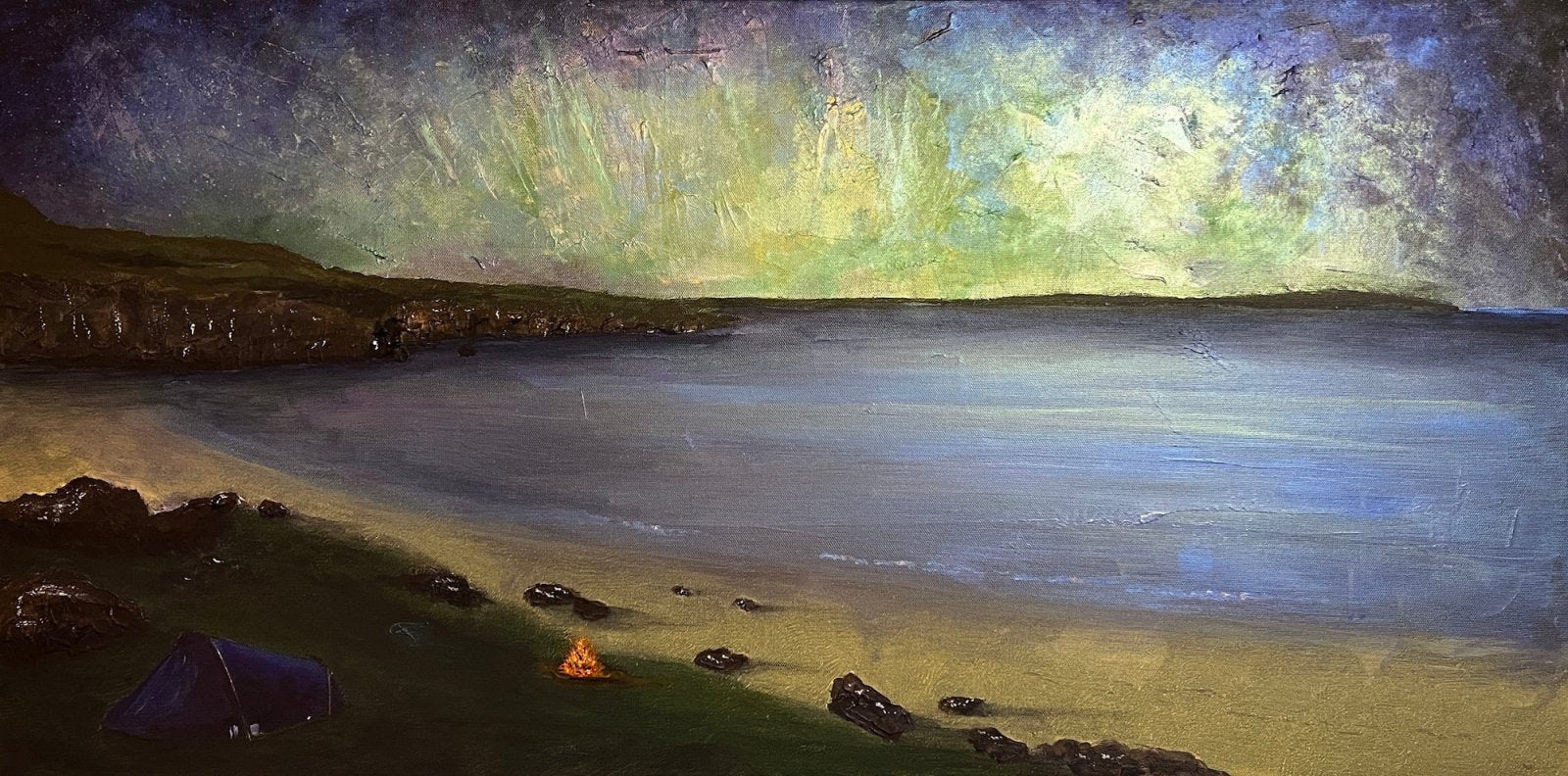 Original landscape painting of a Scottish coastal campsite under an aurora-lit sky
