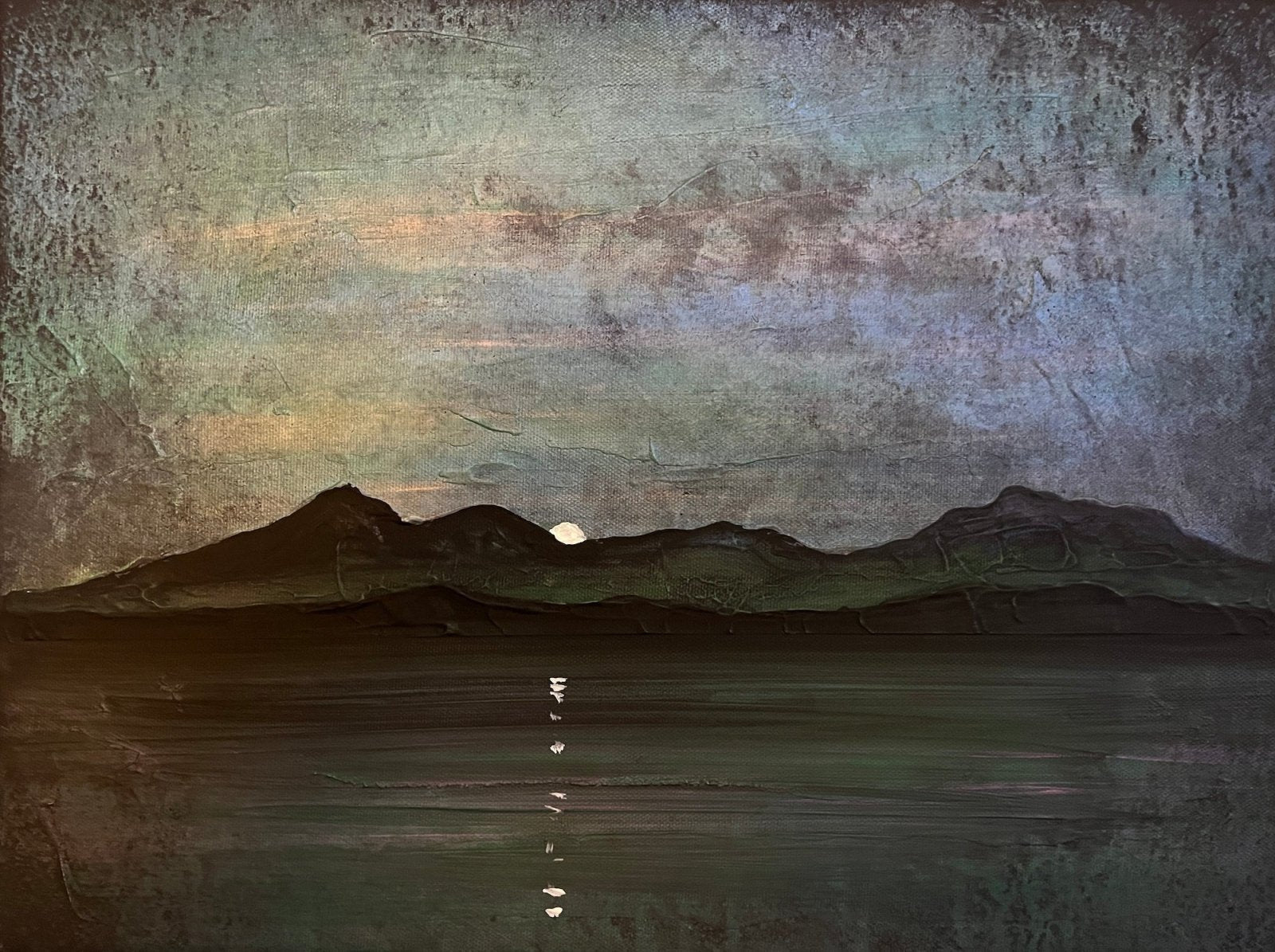 Original landscape painting of a sunset over Scottish mountains and water