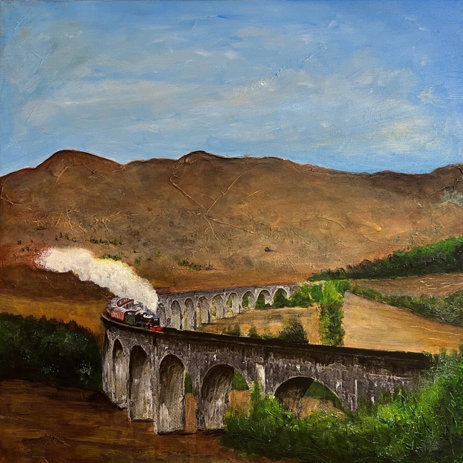 Painting of a steam train crossing a stone viaduct in Scotland for landscape art collection