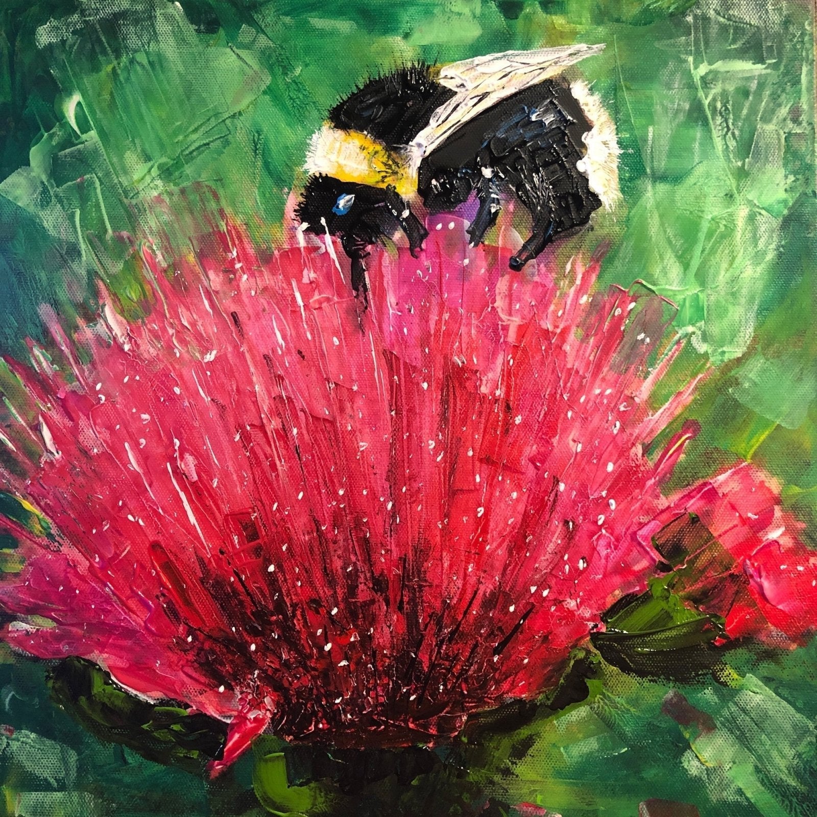 Textured painting of a bumblebee on a vibrant pink flower in Scotland landscape artwork