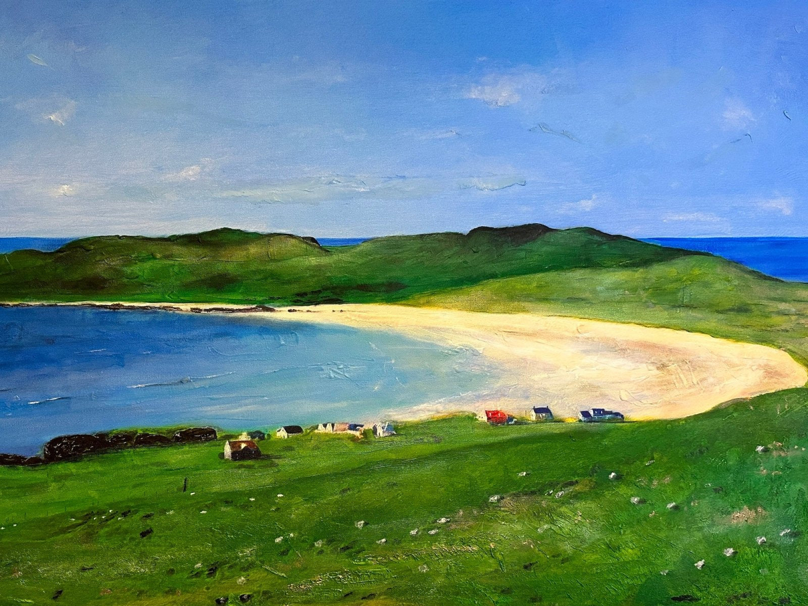 Vibrant coastal landscape painting with sandy beach and green hills in Scotland