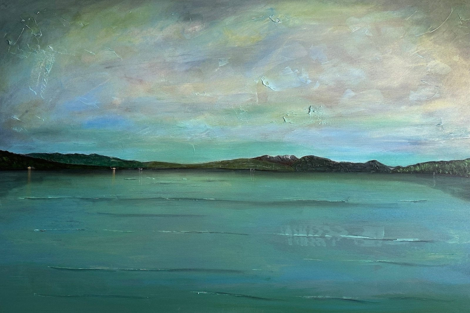 Original Scottish landscape oil painting of a moody seascape with dramatic sky and distant land