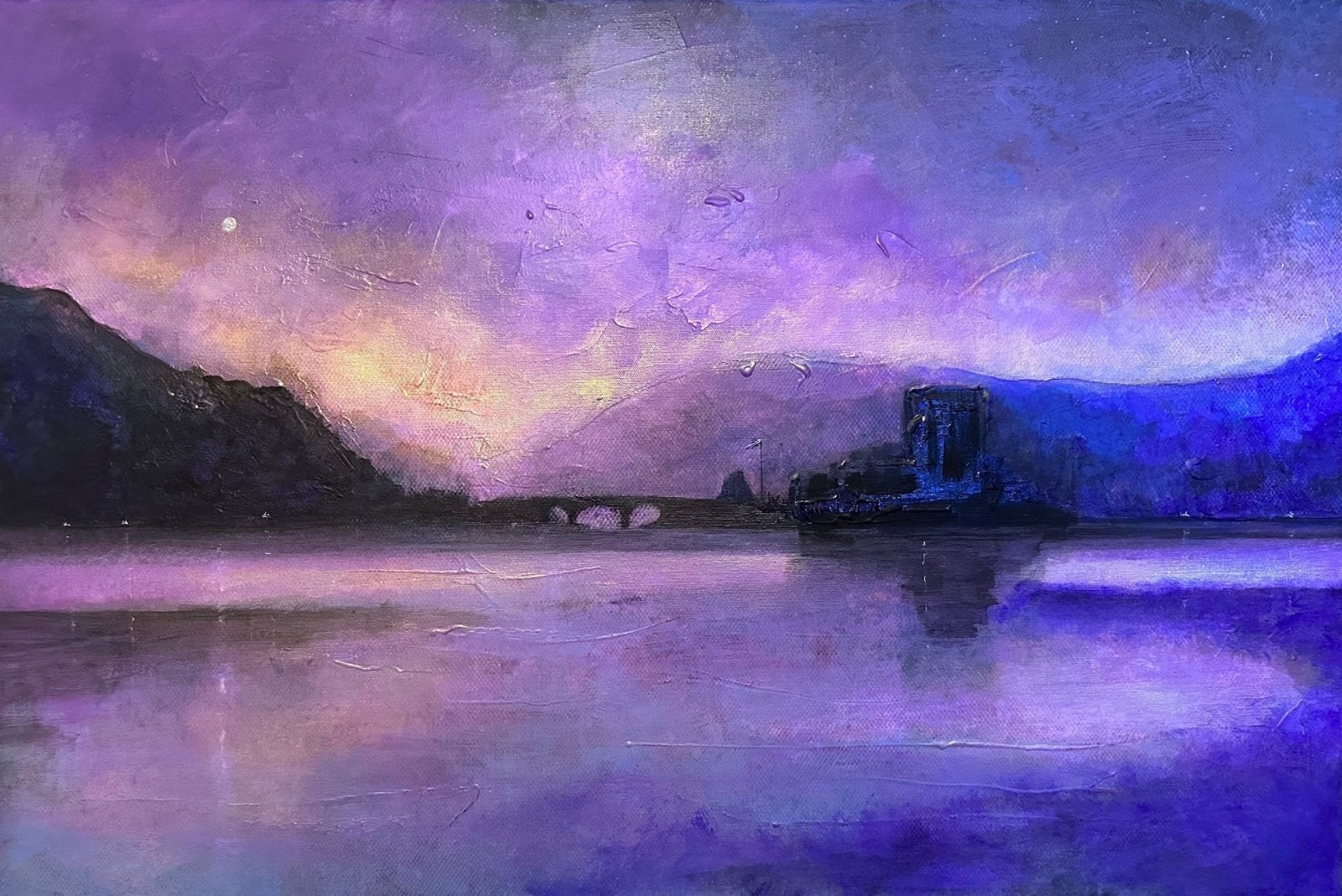 Original landscape painting of a purple-hued castle and bridge over a tranquil Scottish lake