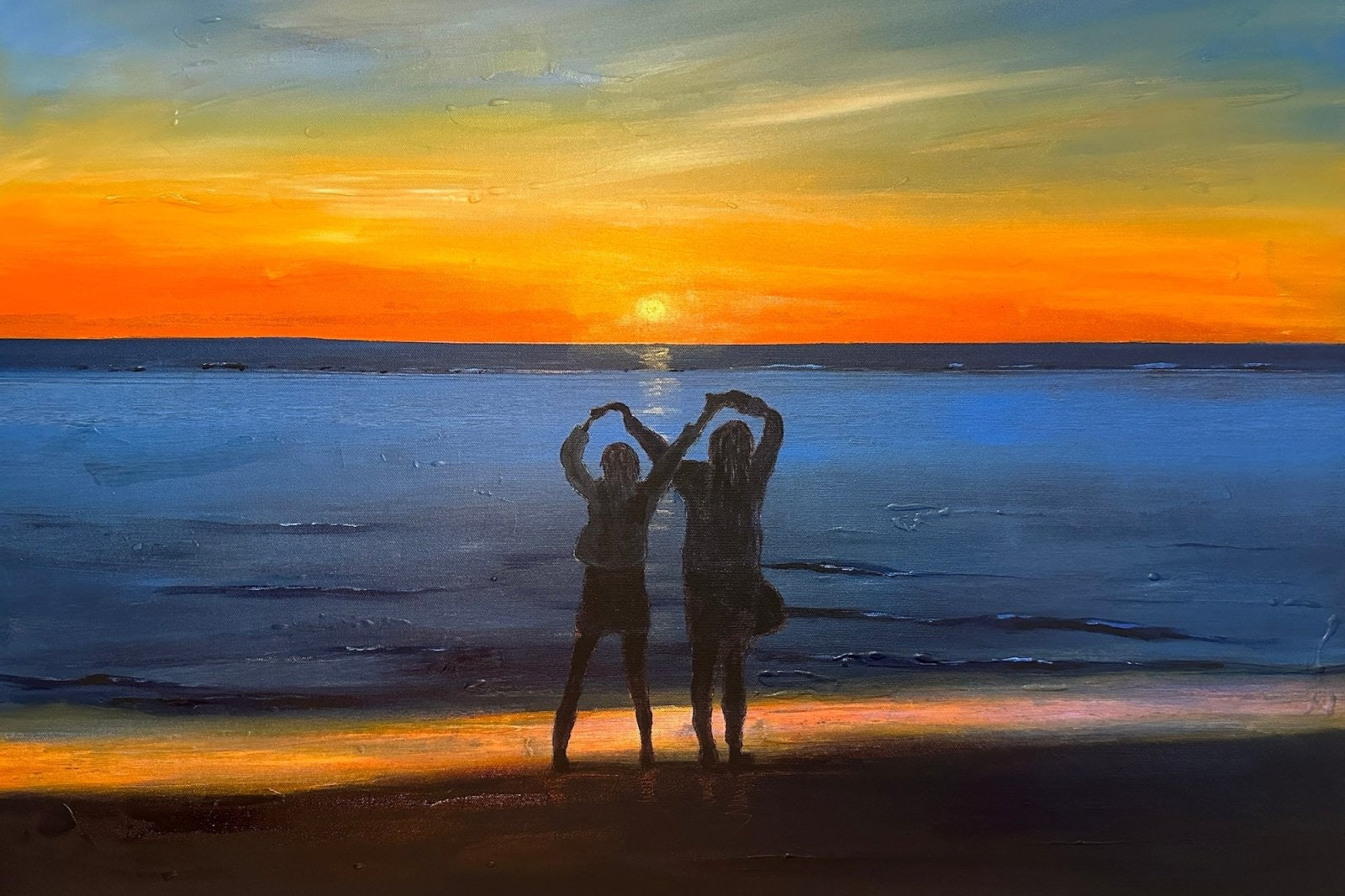 Two people forming a heart shape with their arms at sunset on a beach for Commission Original Landscape Paintings Of Scotland
