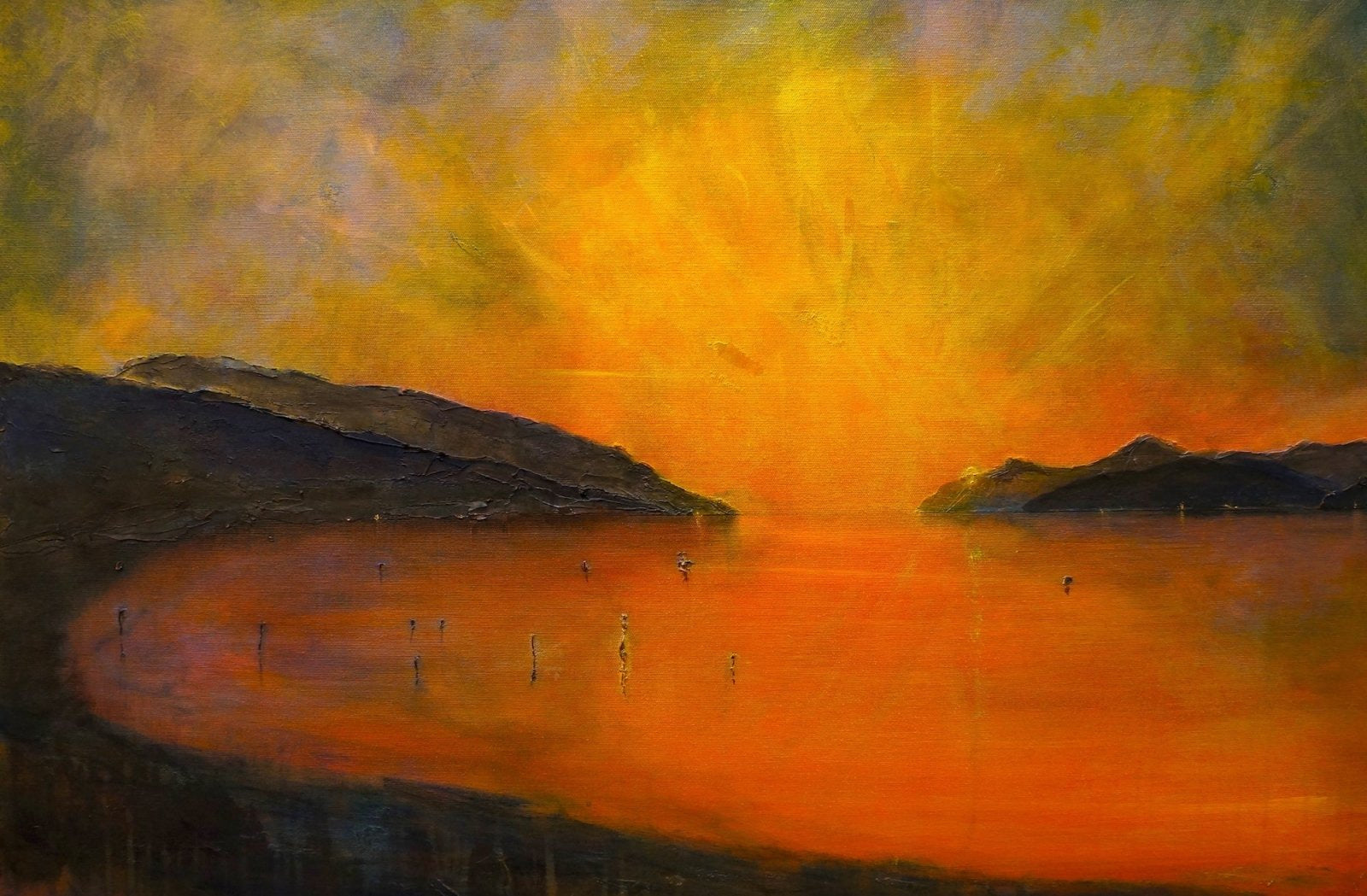 Vibrant oil painting of a fiery sunset over a tranquil Scottish bay with mountains