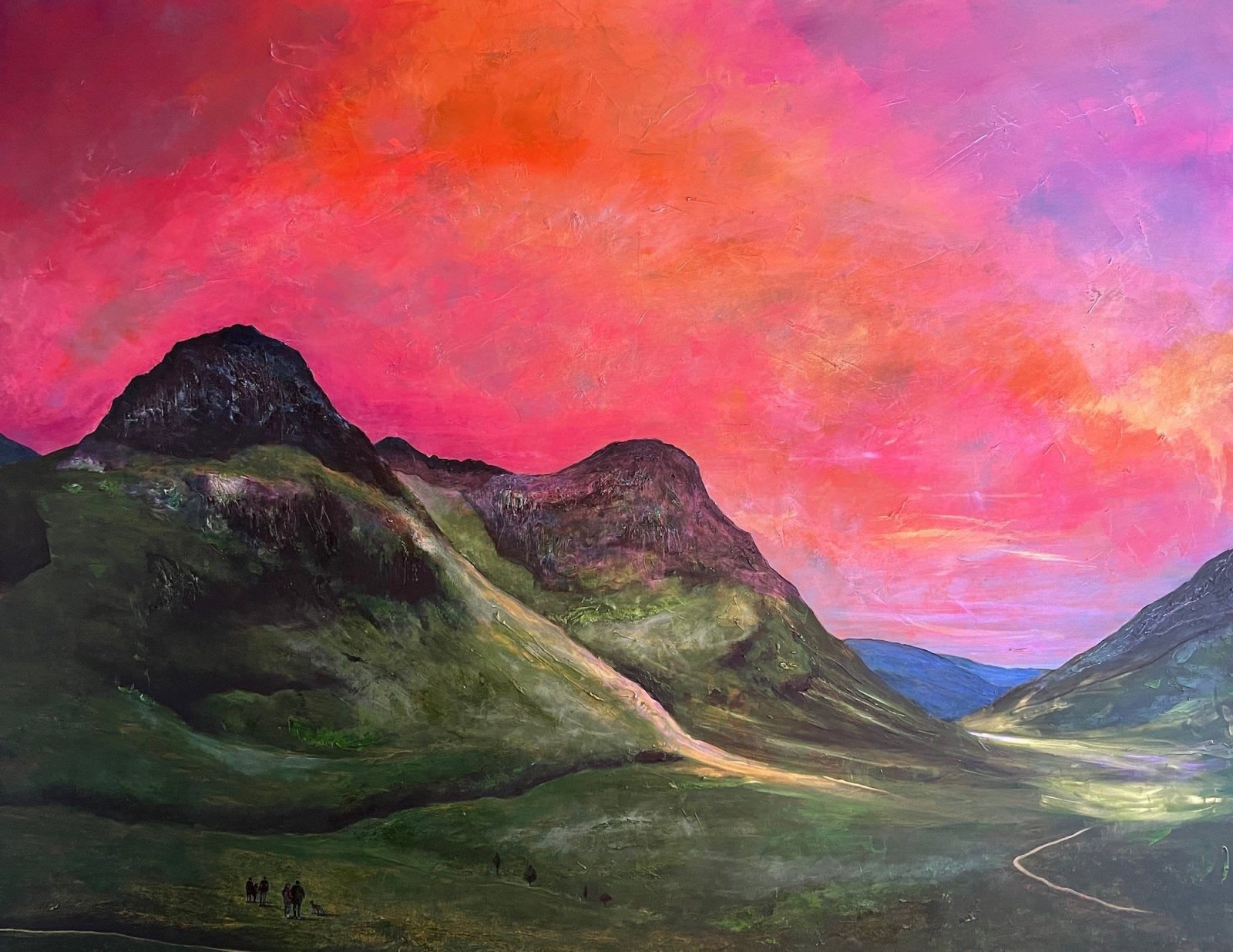 Vibrant landscape painting of a Scottish mountainous valley under a pink and orange sky