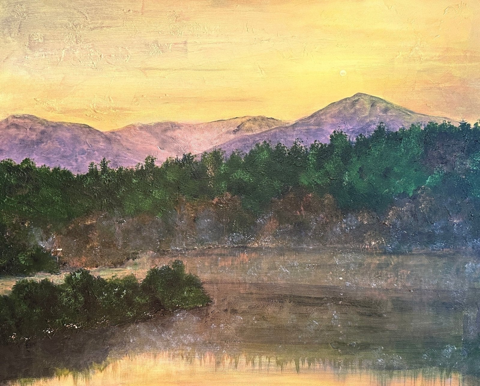 Vibrant landscape painting of Scottish mountains, forest, and reflective lake at sunset