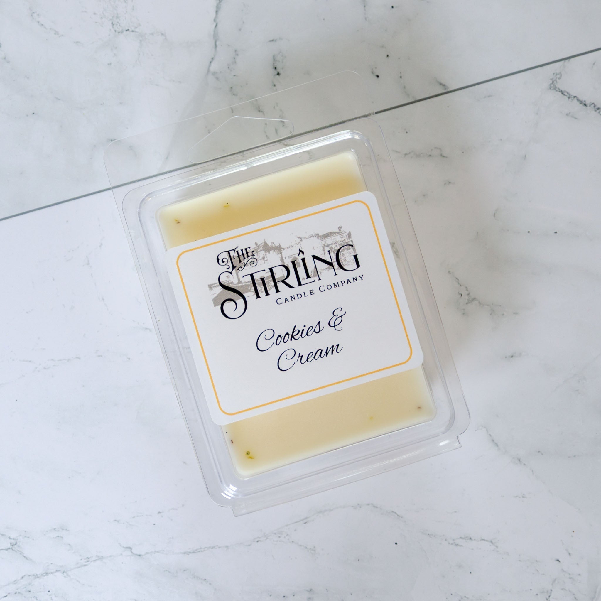 Cookies and cream scented wax melt clamshell from Stirling Candle Company