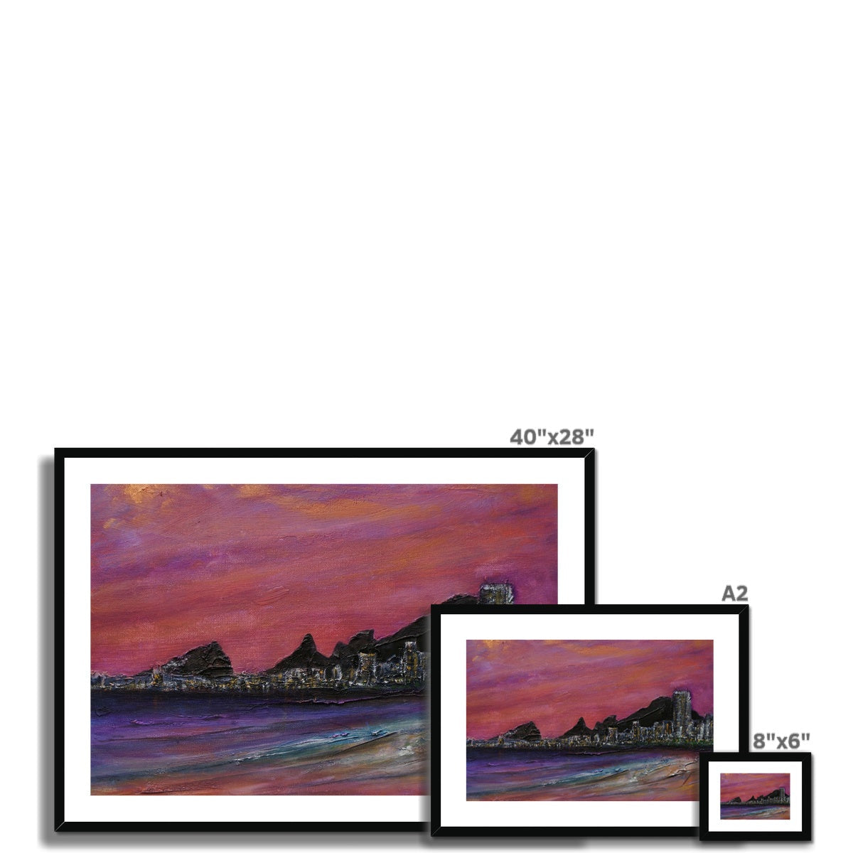 Vibrant Copacabana Beach sunset art print in black frame