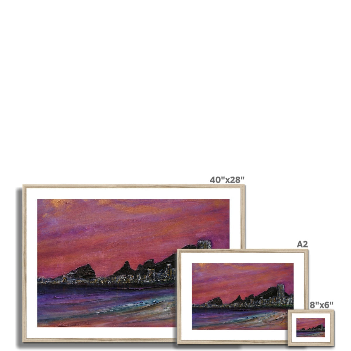 Vibrant Copacabana Beach sunset art print with purple-pink mountains and cityscape