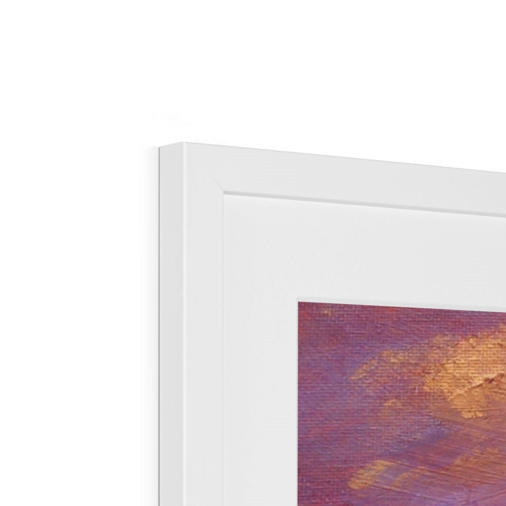 White framed abstract Copacabana Beach art print with purple gold brushstrokes