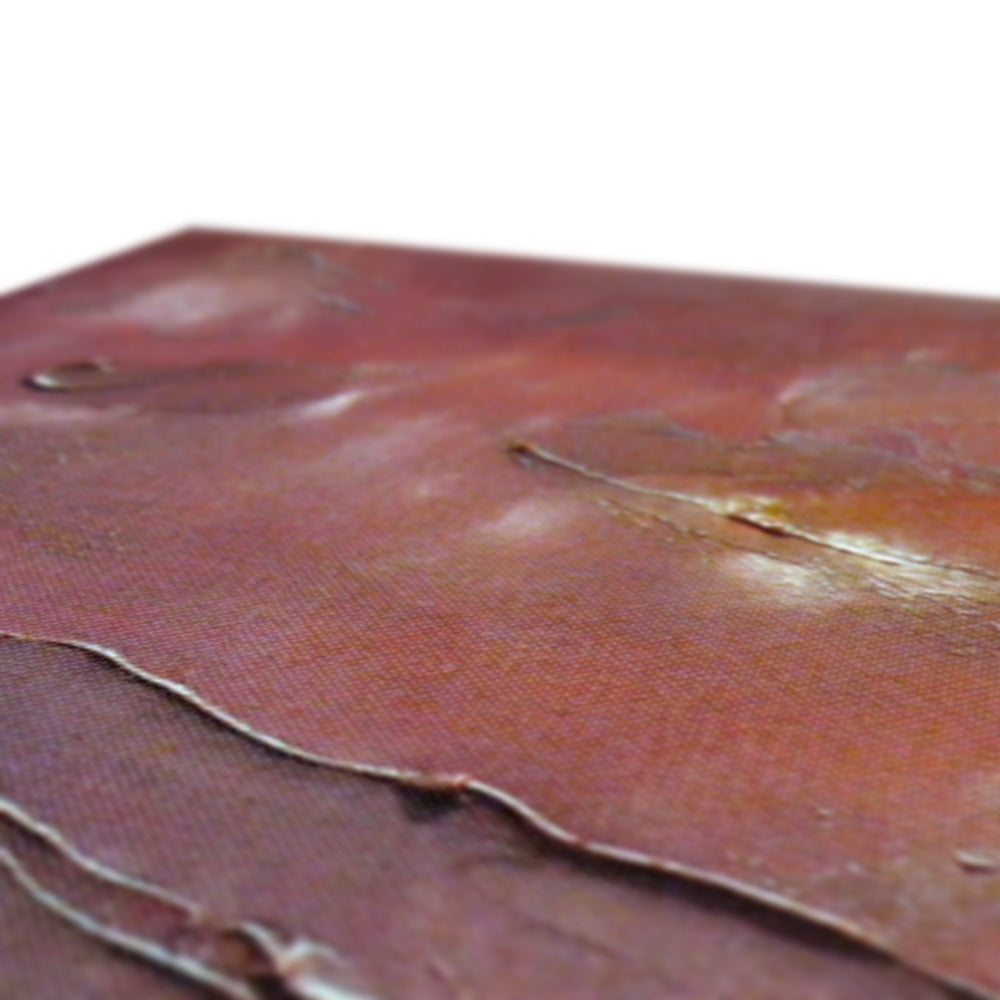 Distressed brown leather wallet with gold accents on Corniglia Dusk print