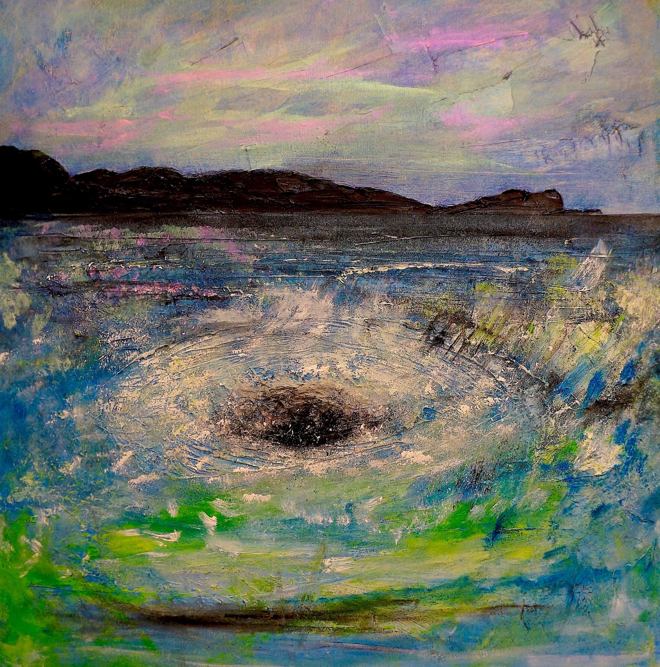 Abstract Scottish landscape painting of a stormy sea with dark landmass under pink and grey sky