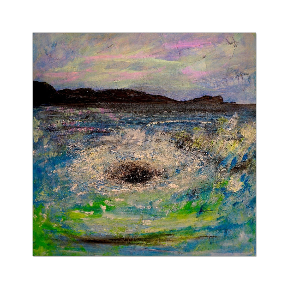 Impressionistic coastline painting featuring a swirling vortex in the water for The Corryvreckan Whirlpool Artist Proof Collector Print