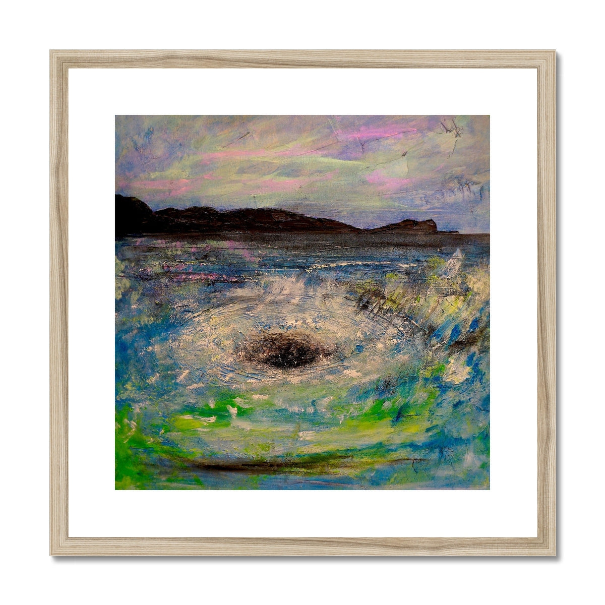 Framed oil painting of a stormy sea with whirlpool, dark mountains, and colorful sky