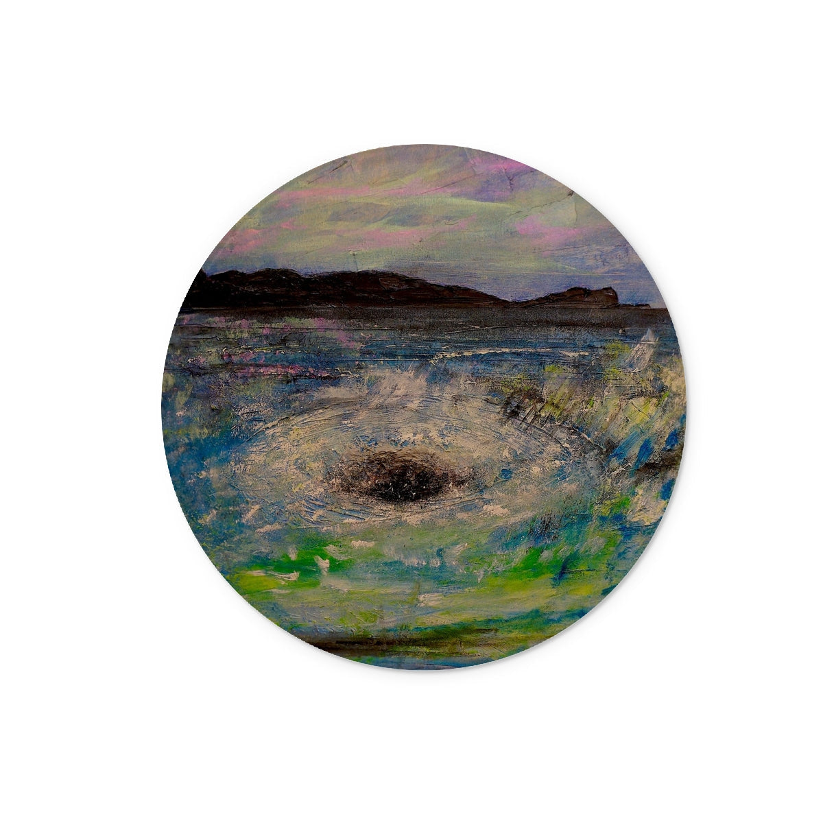 Impressionistic round painting of stormy sea with dark landmass for The Corryvreckan Whirlpool Glass Chopping Board