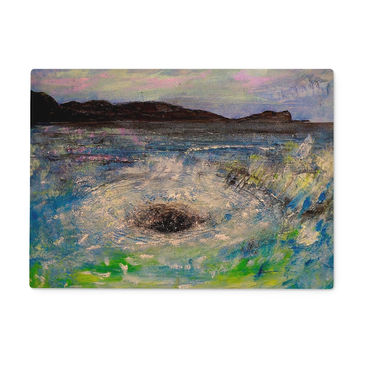 Abstract coastal landscape painting of a dark vortex in the water on The Corryvreckan Whirlpool Glass Chopping Board