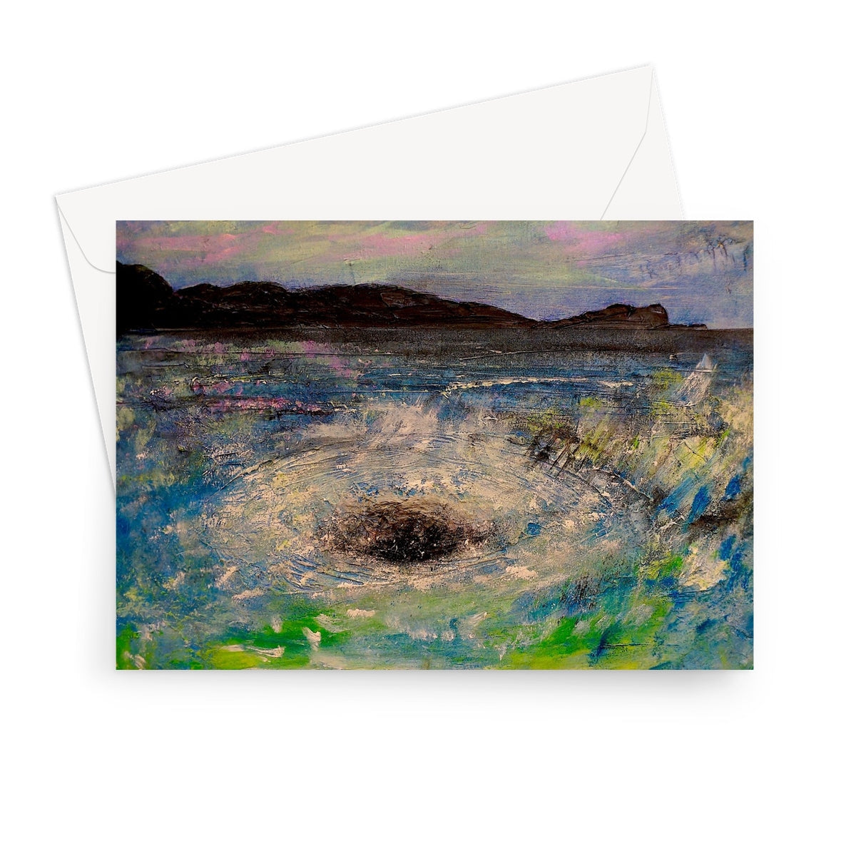 Textured landscape art print on folded greeting card depicting Corryvreckan Whirlpool scene