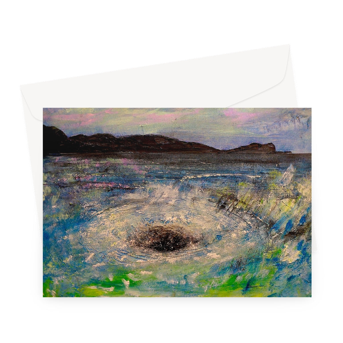 The Corryvreckan Whirlpool greeting card featuring an impressionistic painting of a dark swirling hole in water with distant mountains and dramatic sky