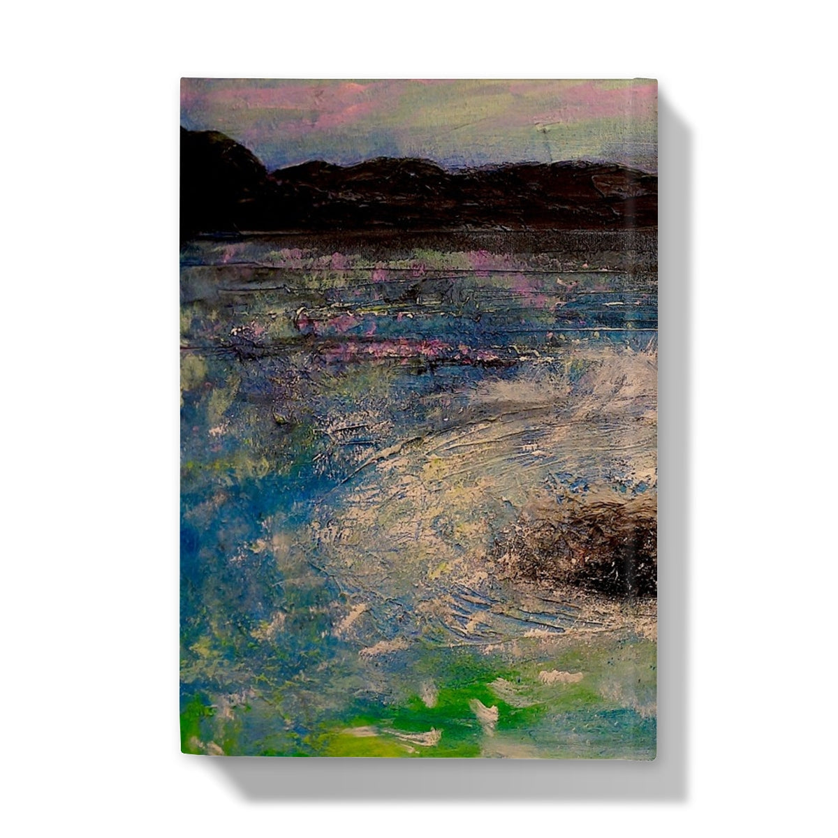 Textured abstract painting of dark mountains over vibrant choppy sea on The Corryvreckan Whirlpool Journal